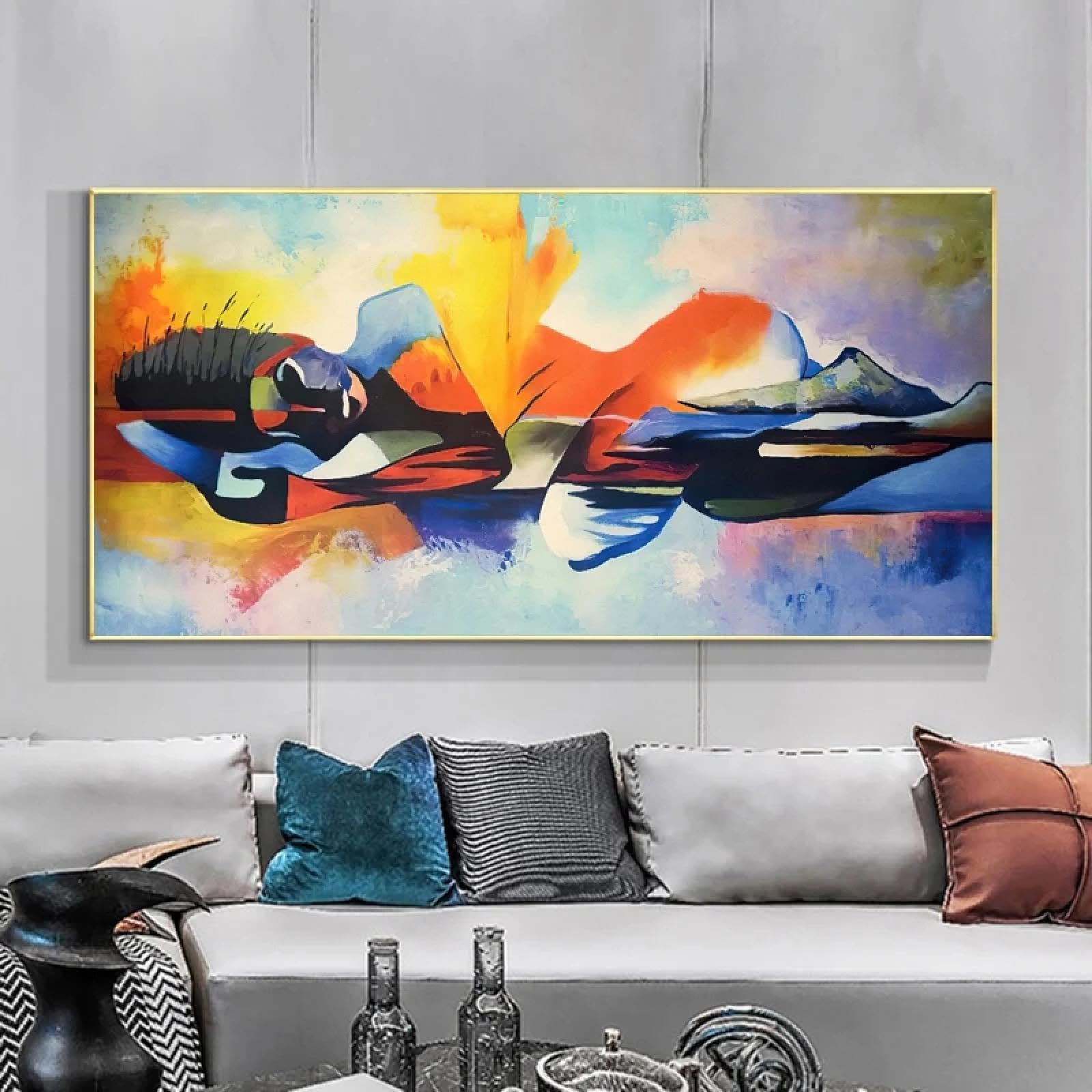 HYFBH Grande peinture abstraite de femme allongée sur toile, affiches de portrait, tableau mural pour salon, décoration de maison moderne, 40x65cm/16x26in avec cadre doré