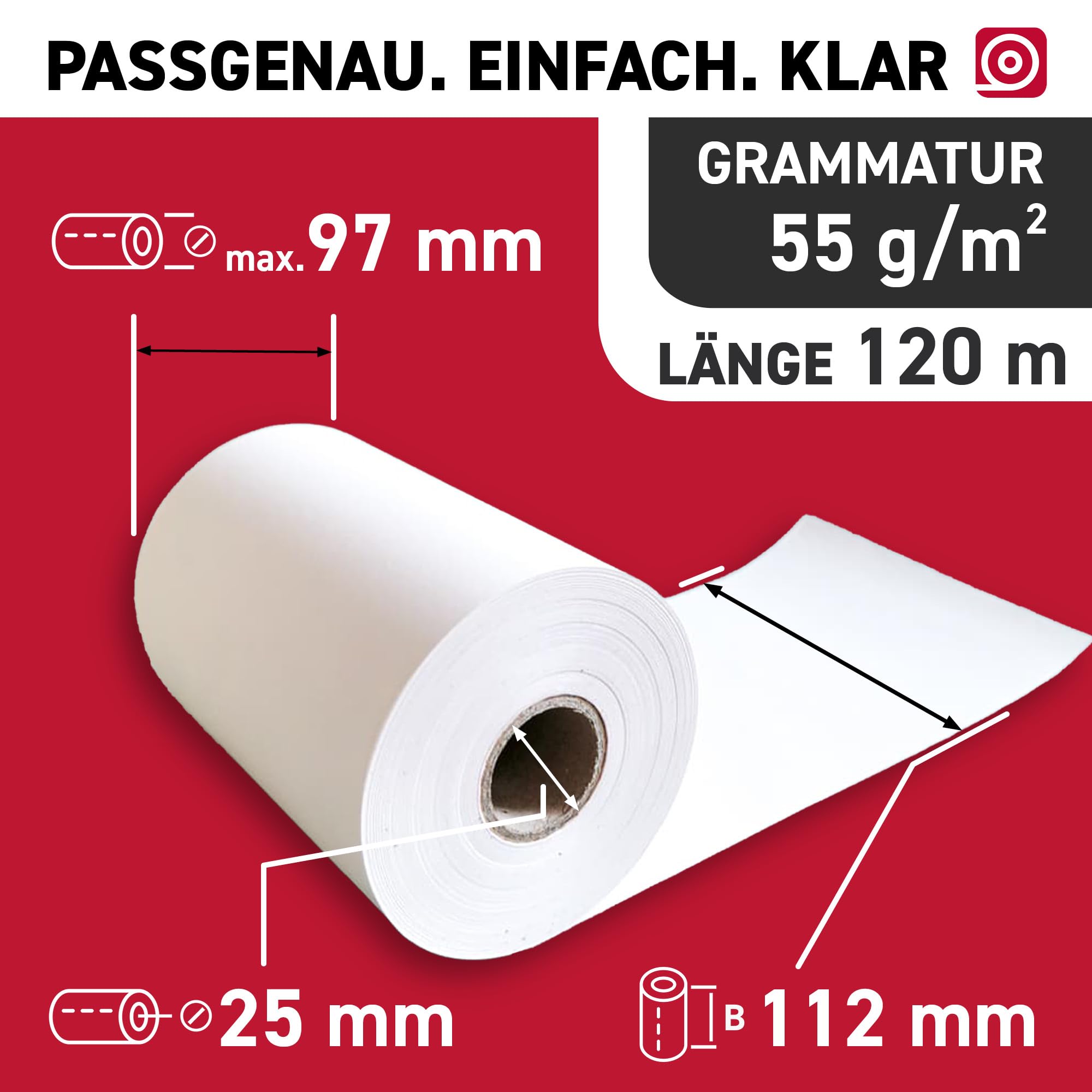 Thermorollen 112 mm x 120 m x 25 mm, BPA-frei, 12 Bonrollen mit 55 g/m², langlebig & FSC-zertifiziert - Automatenrollen mit ∅ 97mm für Spezialdrucker, Verkaufsautomaten