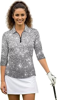 Biyejit Womens Golf Shirt 3/4 Sleeve Quarter Zip Workout Tennis Tops Quick Dry Collared V Neck Polo Shirts Moisture Wicking