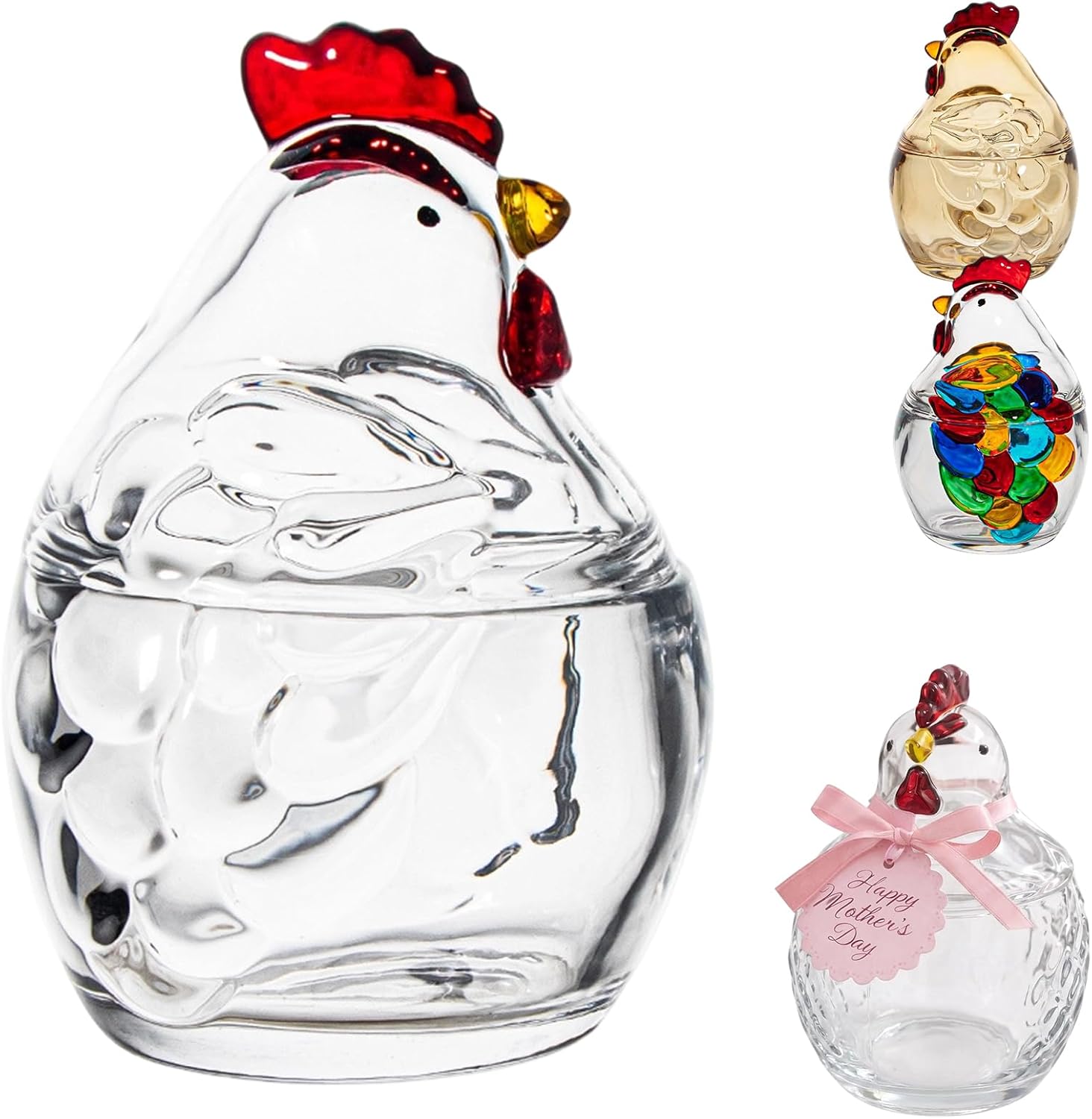 Farmhouse Chicken Glass Canister Set – Cute Kitchen Storage Jars for Countertop Decor, Kitchen Rooster Spice Jar with Lid, Clear Glass Chicken Container for Sugar Pepper Salt Coffee & Treats (MIX-3)