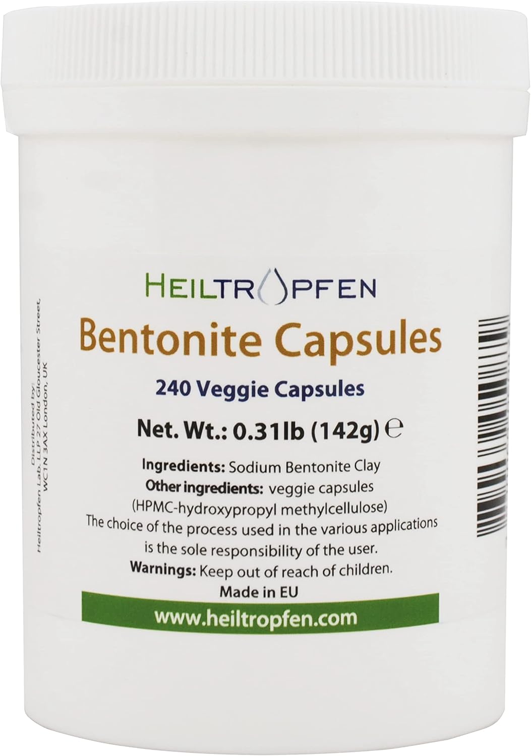 Bentonita Montmorillonita 240 cápsulas | 142 g | ULTRA FINO | Montmorillonita contenido 95% | Polvo de minerales naturales | Heiltropfen®