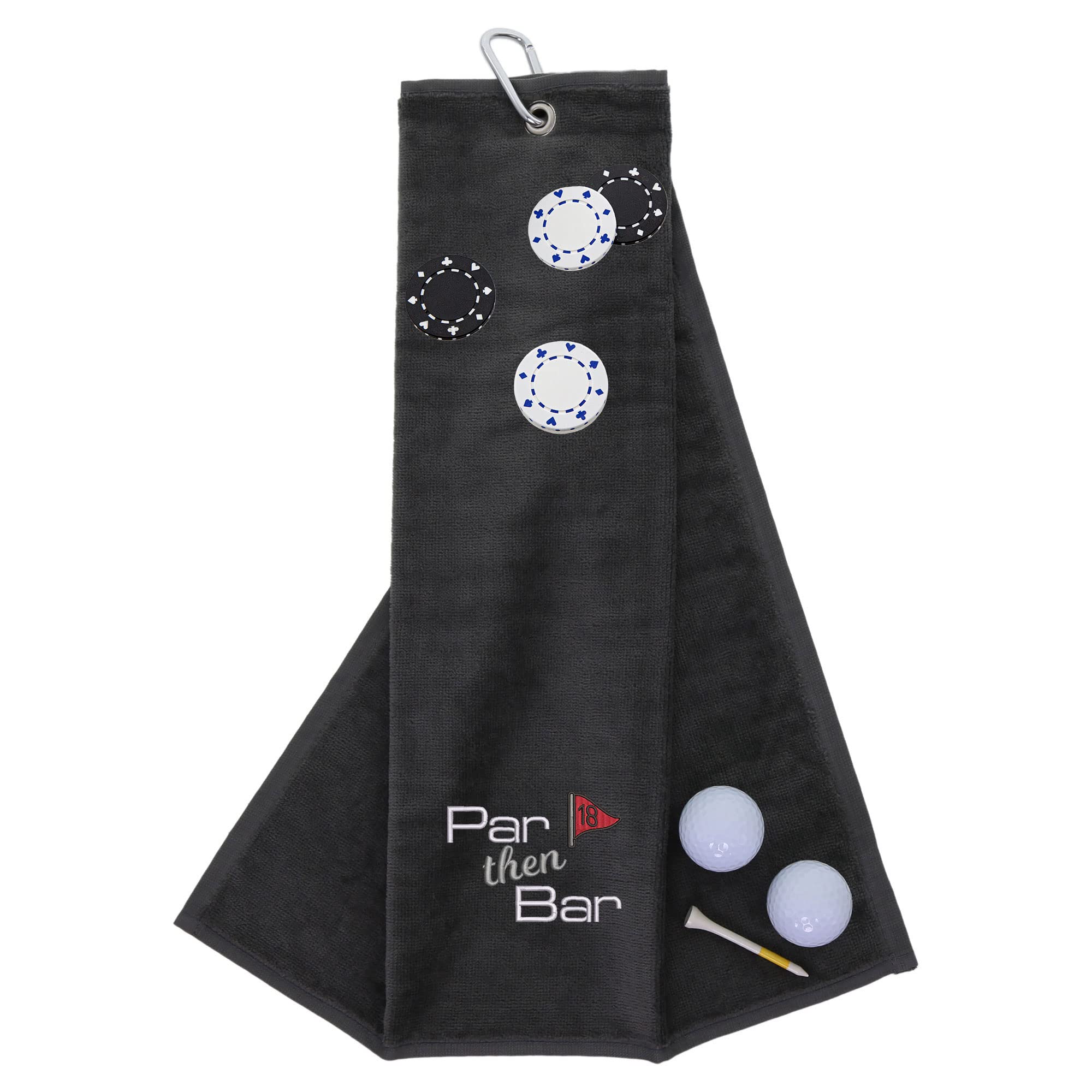 aztex Funny Trifold Golf Towel and Poker Chip Marker Set Gift for Men, Carabiner Clip for Golf Bags, Par Then Bar, Grey