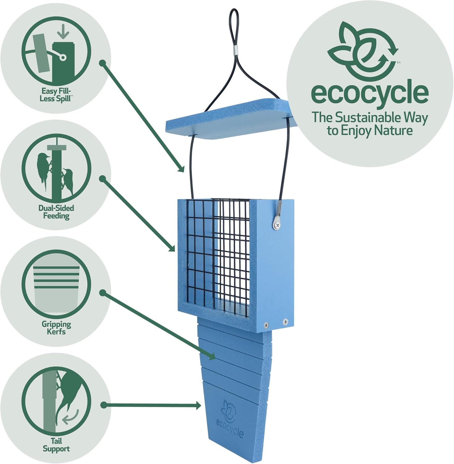 Suet Station Recycled Plastic Tail-Prop Suet Bird Feeder for Woodpeckers, Outdoor Wild Bird Feeder and Décor, 1 Suet Cake Capacity, Blue