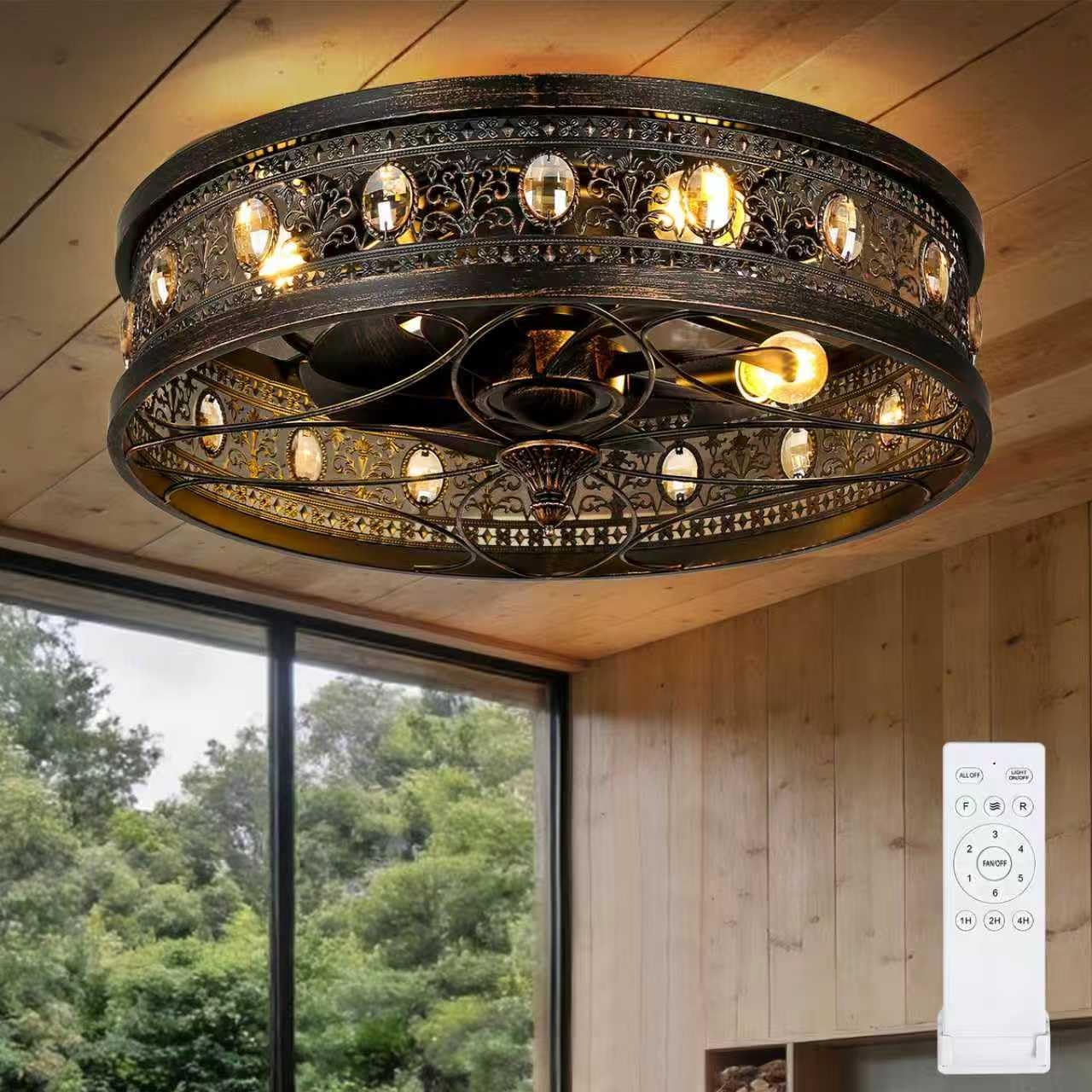 Chandelier Ceiling Fan with Light, Vintage Victorian Rustic Crystal Fandelier, Caged Enclosed Bladeless Chandelier Fan, Low Profile Flush Mount for Bedroom, Kitchen, Living Room, Dining Room