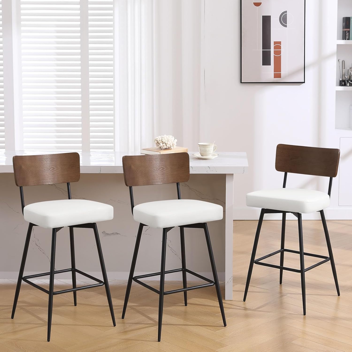 Bekrvio Swivel Bar Stools Set of 3, Upholstered Faux Leather Barstools with Wood Backs and Metal Legs, 29" Seat Height Counter Bar Stool for Kitchen Island, White
