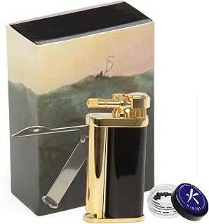Tomo Gold Lighter & Flint Set - Japanese Soft Flame Lighter + 20 Replacement Flints, Refillable Butane Pipe Lighter, Adjustable Angled Flame Lighter, Airline Friendly Travel Lighter