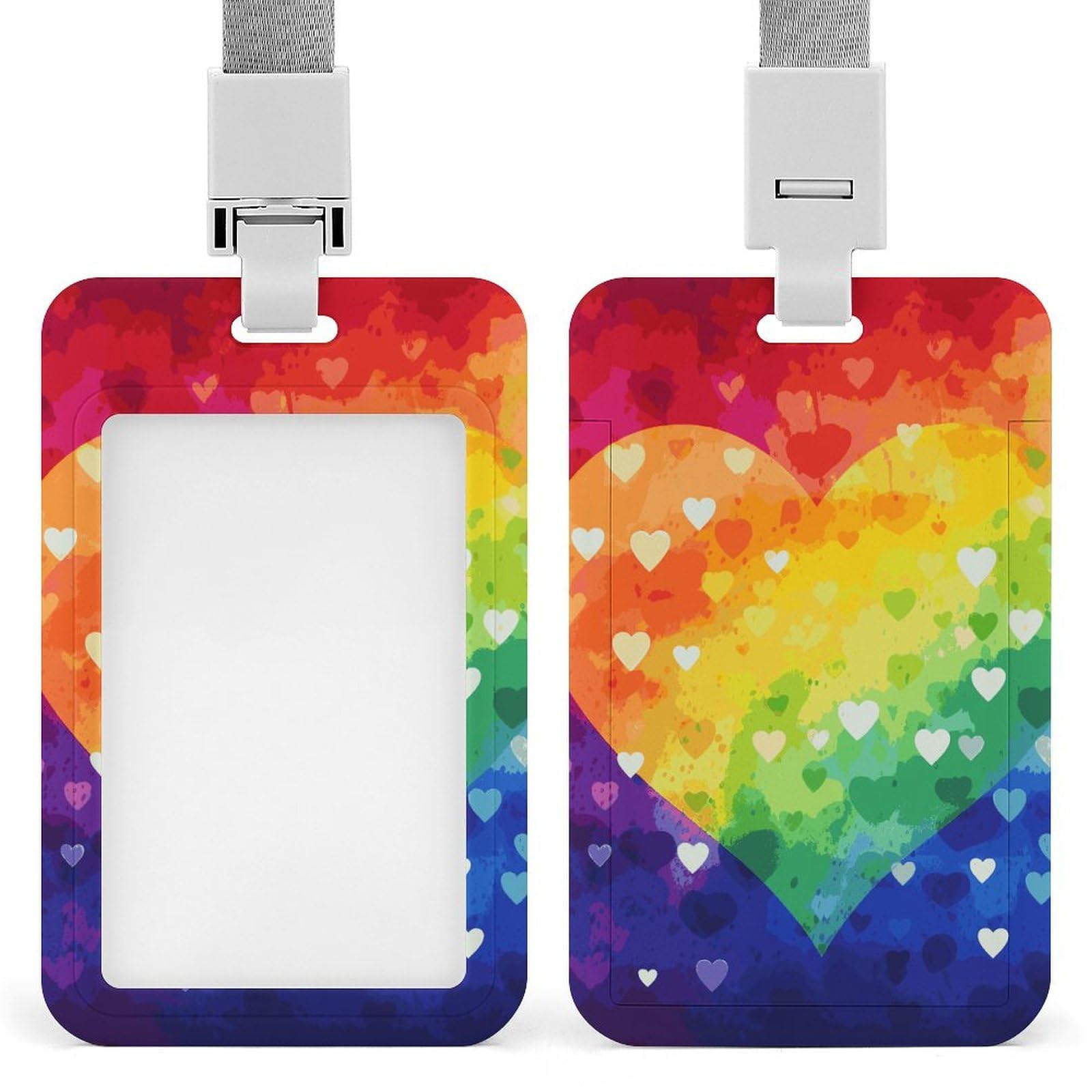 Colorful Rainbow Love Heart Id Badge Holder with Breakaway Lanyard Abs Plastic Name Tag Holder Vertical Clear Front Window Push Slide Card Protector Gift for Nurse Doctor Teacher Office Staff & Events
