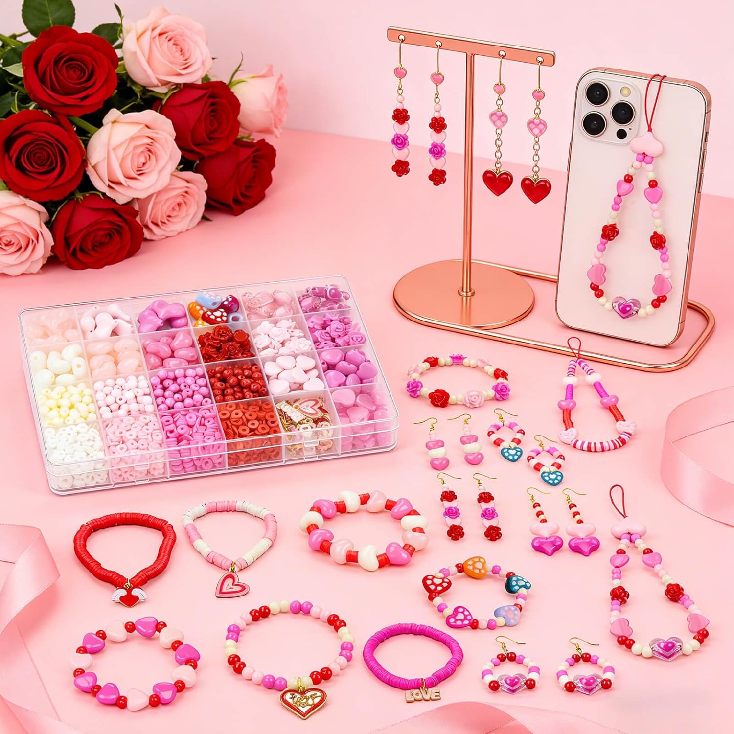 1650Pcs Valentine’s Day Beads for Bracelets Jewelry Making, Pink Red Clay Beading Kit Assorted Acrylic Heart Rose Flower Round Spacer Beads XOXO Love Heart Charms for DIY Necklace Earrings Phone Strap - Image 7