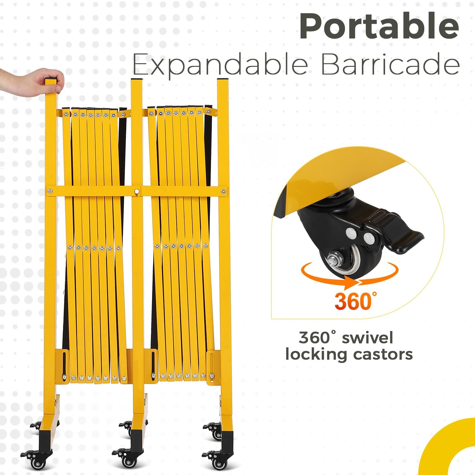 Barrera Extensible de Seguridad 16FT con 6 Ruedas, Valla Plegable de Acero de Alta Resistencia Amarillo y Negro, Barricada Móvil Retráctil para Garaje Industria Tráfico Obras