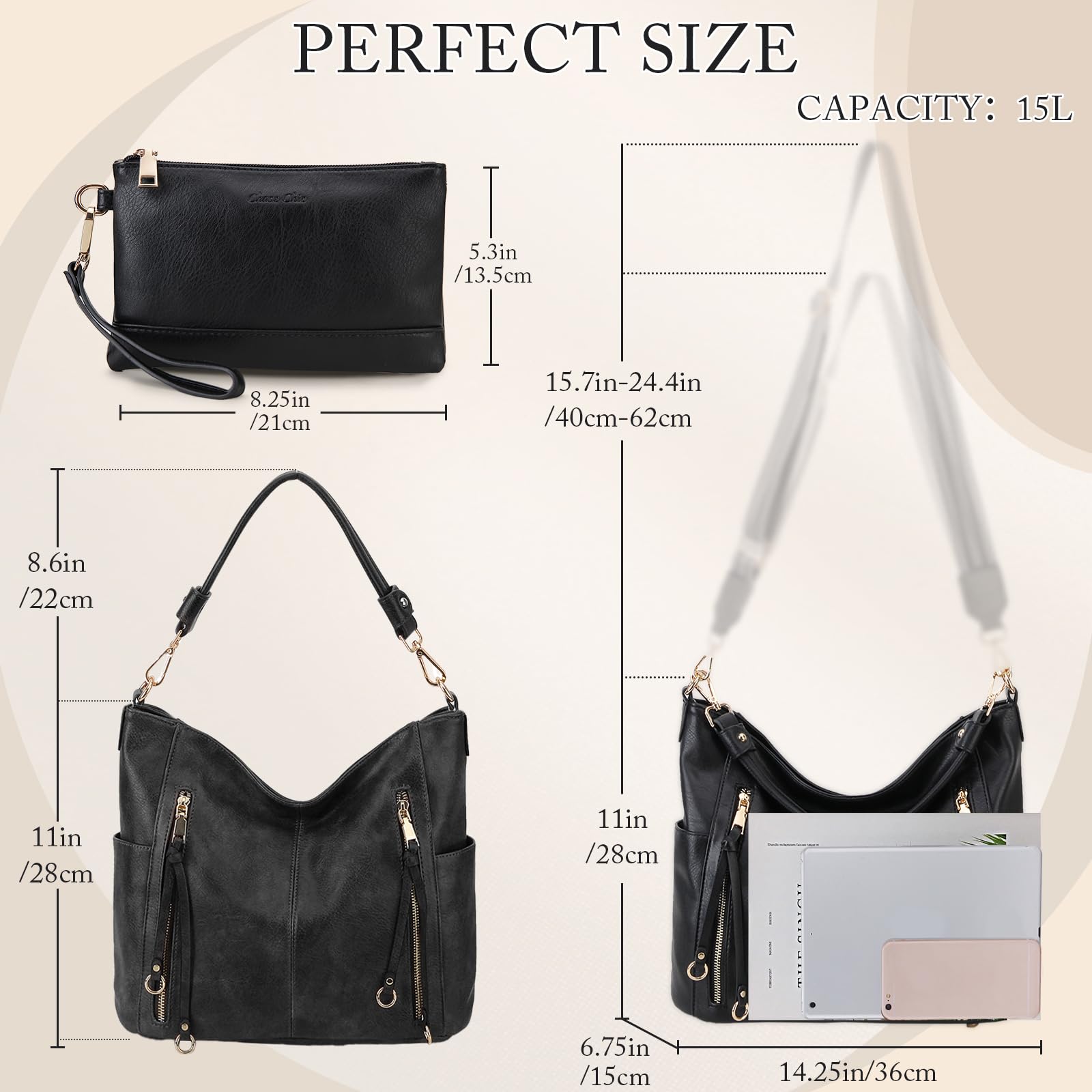 Chase Chic Handtasche Damen, Leder umhängetasche Shopper Hobo Taschen Geldbörse set Gross Schultertasche mit Abnehmbar Schulterriemen 2pcs Schwarz