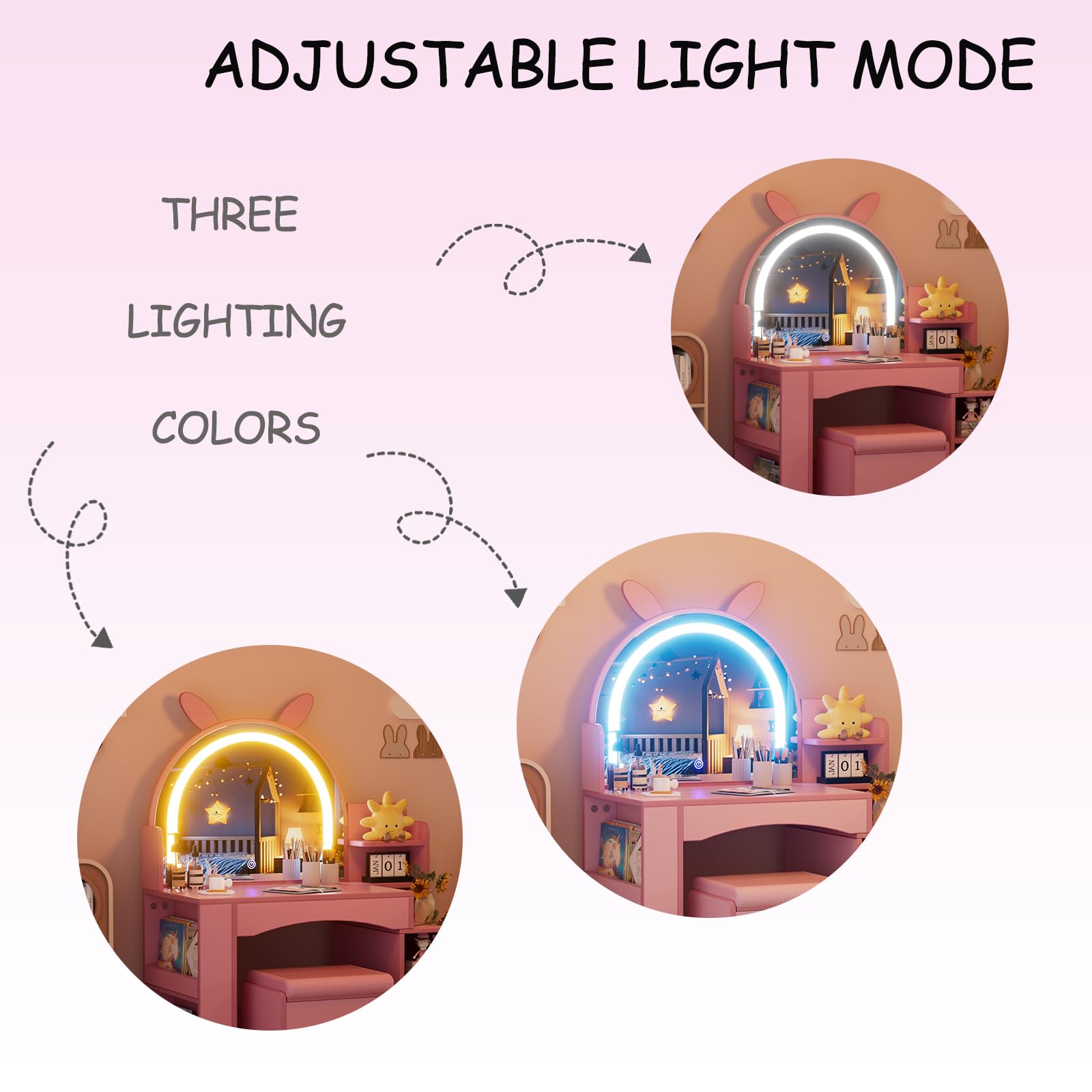 MSFE Mesa de Maquillaje con Espejo y luz LED para Niñas 3 en 1 Tocador Infantil de Madera Tocador de Mesa y Taburete de Princesa con Estante Abierto Centro de Belleza Tocador para niñas 8 años+, Rosa
