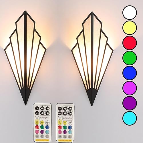 Juego de dos lámparas de pared de estilo moderno, apliques de pared a batería con control remoto, lámpara de iluminación Art Deco inalámbrica para