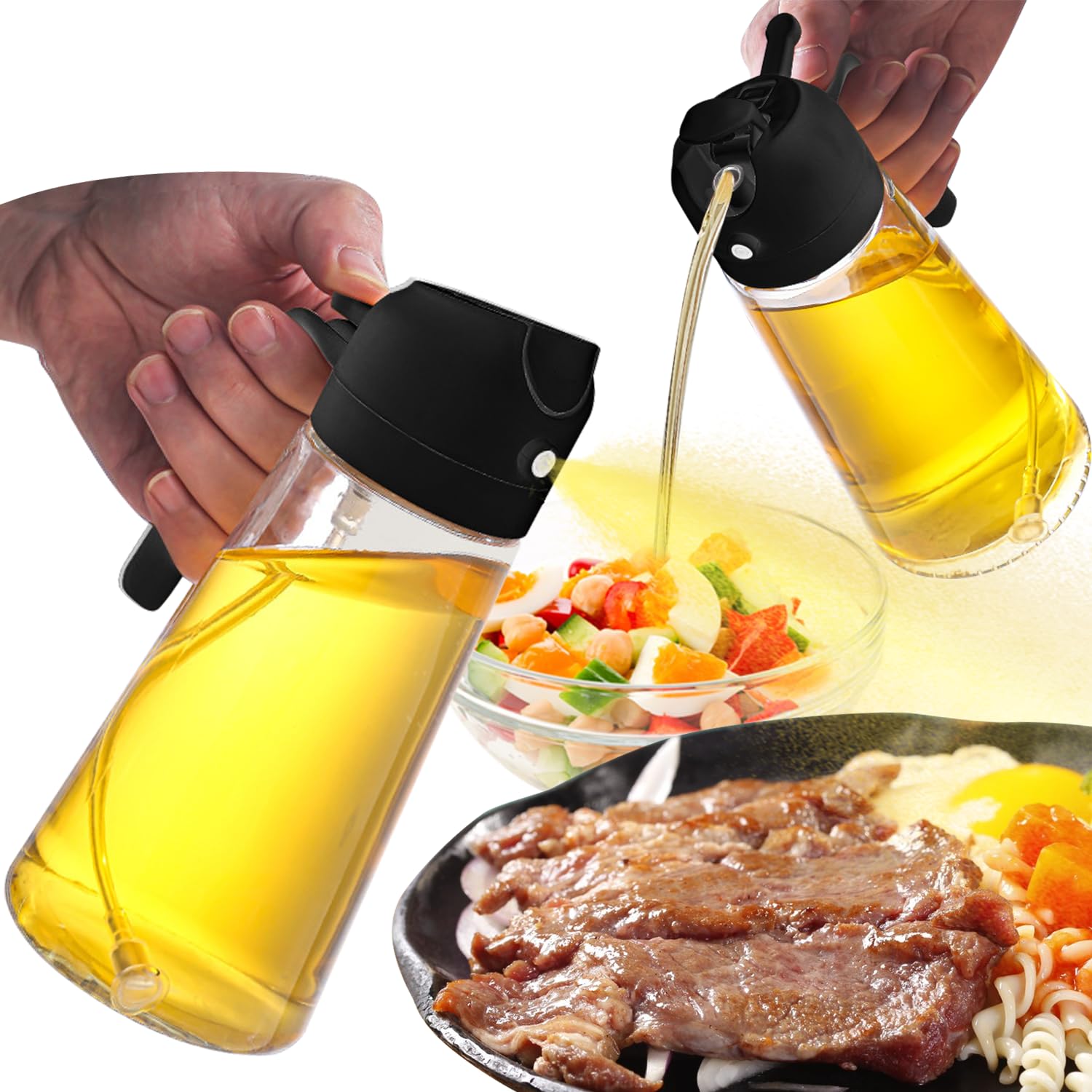 Qiylqe Black 2 In 1 Oil Dispenser And Oil Sprayer,Oil Dispenser For Kitchen Spray,470Ml Olive Oil Bottle,Cooking, Kitchen, Salad, Deep Frying, Vinegar, Barbecue Spray Bottle (Black)