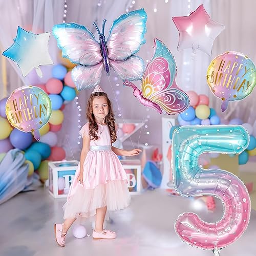 Miniatura 10 de Globos de mariposa para decoración de cumpleaños de 4 años para niñas, globos de aluminio de color rosa degradado, globo gigante de Mylar con el