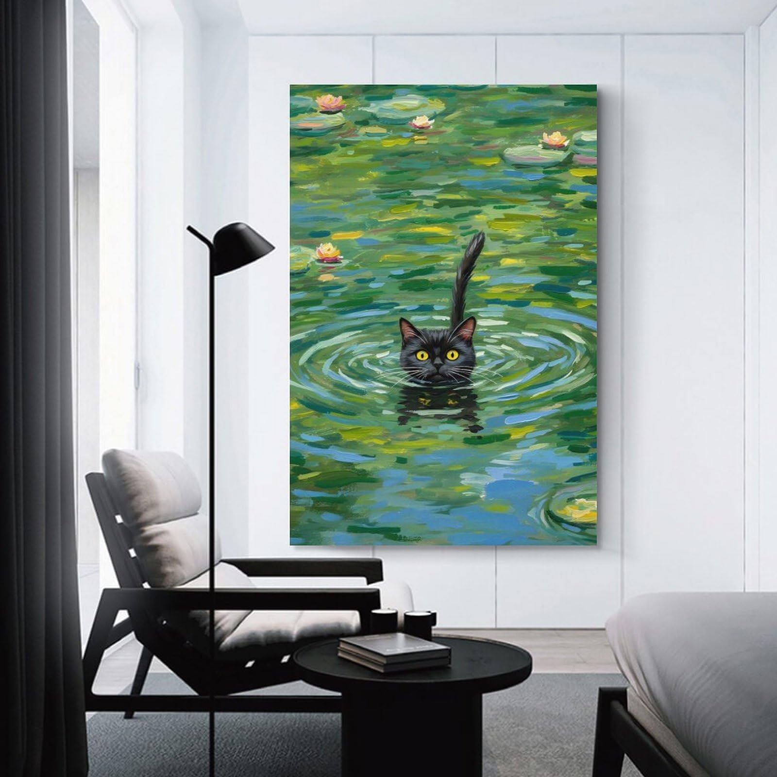 Junmoney Unframe-Style-10 Black Cat Swimming In Lily Pond Canvas Wall Art 24X36inch(60X90cm), For Workspace Walls, Study Corners Or Bedrooms, Wall Art That Adds Style To Work Areas
