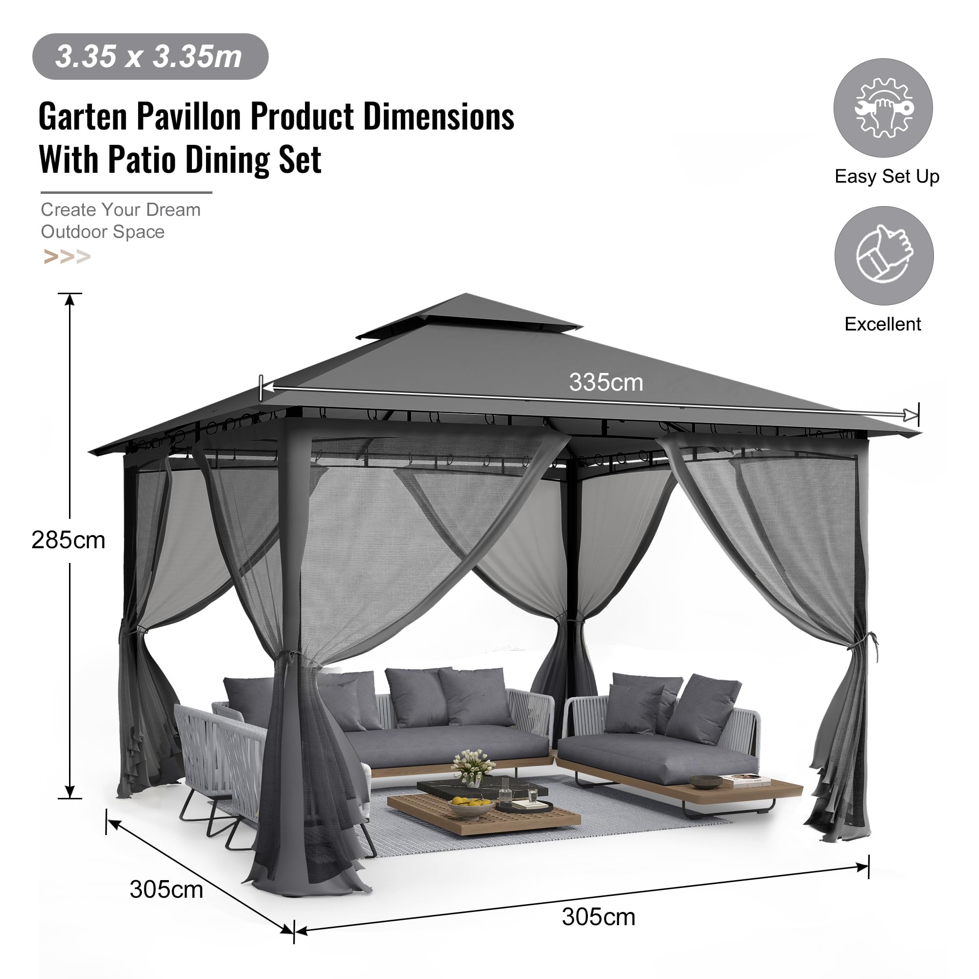 UDPATIO Tonnelle de Jardin Extérieur 3.4x3.4m - Double Toiture Résistante aux Intempéries avec Moustiquaire, Structure Métallique Stable pour Terrasse/Jardin, Gris