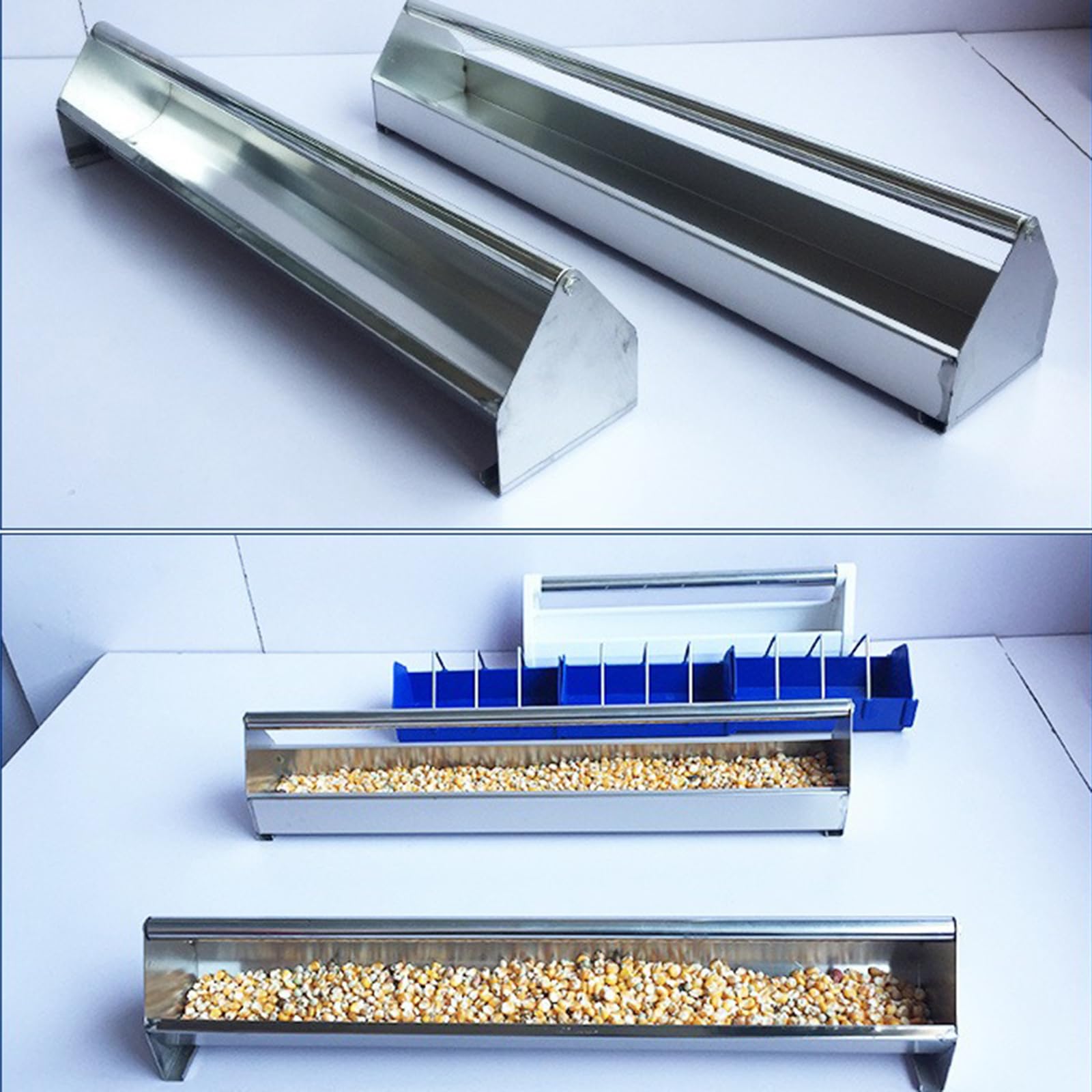 40/47/55 Zoll Hühnerfuttertrog, robuster Edelstahl-Futtertrog mit Querstange, Geflügelfuttertrog mit großem Fassungsvermögen für Hühner und Tauben, Silber, 140 cm (Silber)