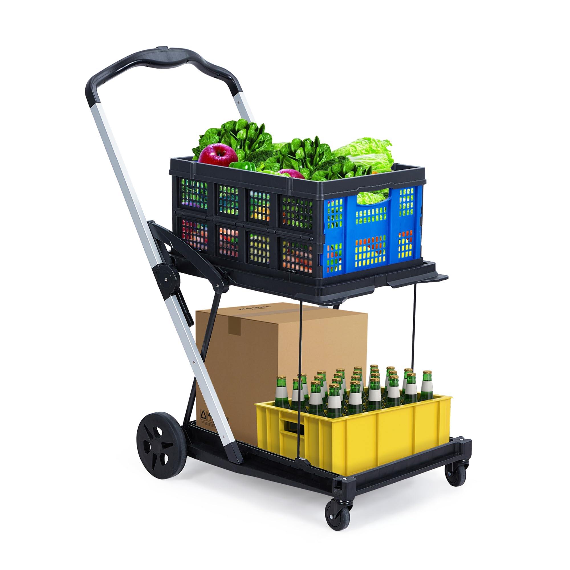 CheerAmenit 2-Tier Folding Shopping Cart with Wheels, Collapsible Grocery Cart with Removable Crate, Portable Shopping Trolley for Home, Groceries,