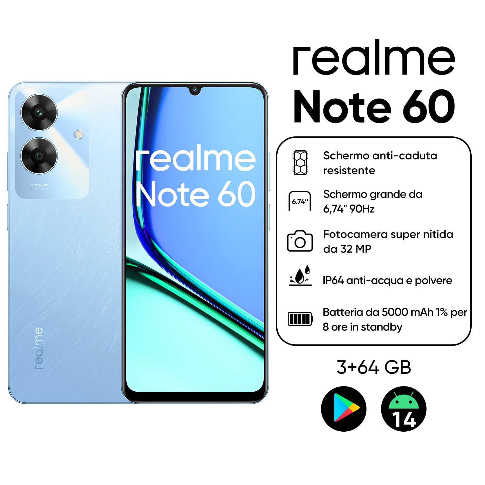 realme Note 60 Smartphone Android, 4G Telefono Cellulare Dual SIM, 90Hz Display LCD da 6.74", 3GB RAM 64GB ROM, Batteria da 5000 mAh, 32MP Fotocamera chiara, Blu, senza Adattatore