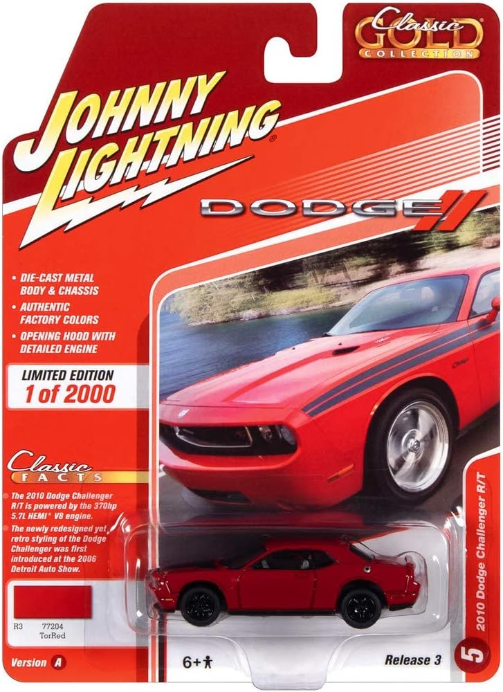 Johnny Lightning 2010 Dodge Challenger R/T Furious Fuchsia Pink with White Stripes and Collector Tin Limited Edition to 5036 Pieces Worldwide 1/64 Diecast Model Car