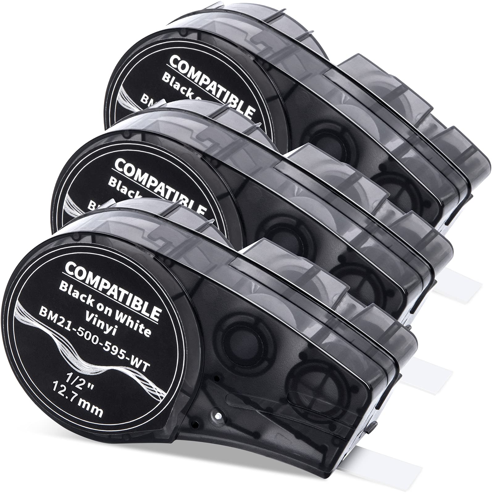 3x MarkField M21-500-595-WT Nastro per Etichettatrice | Compatibile con Vinile Etichettes Tutto il Tempo, Nero su Bianco, 12.7mm x 6.4m