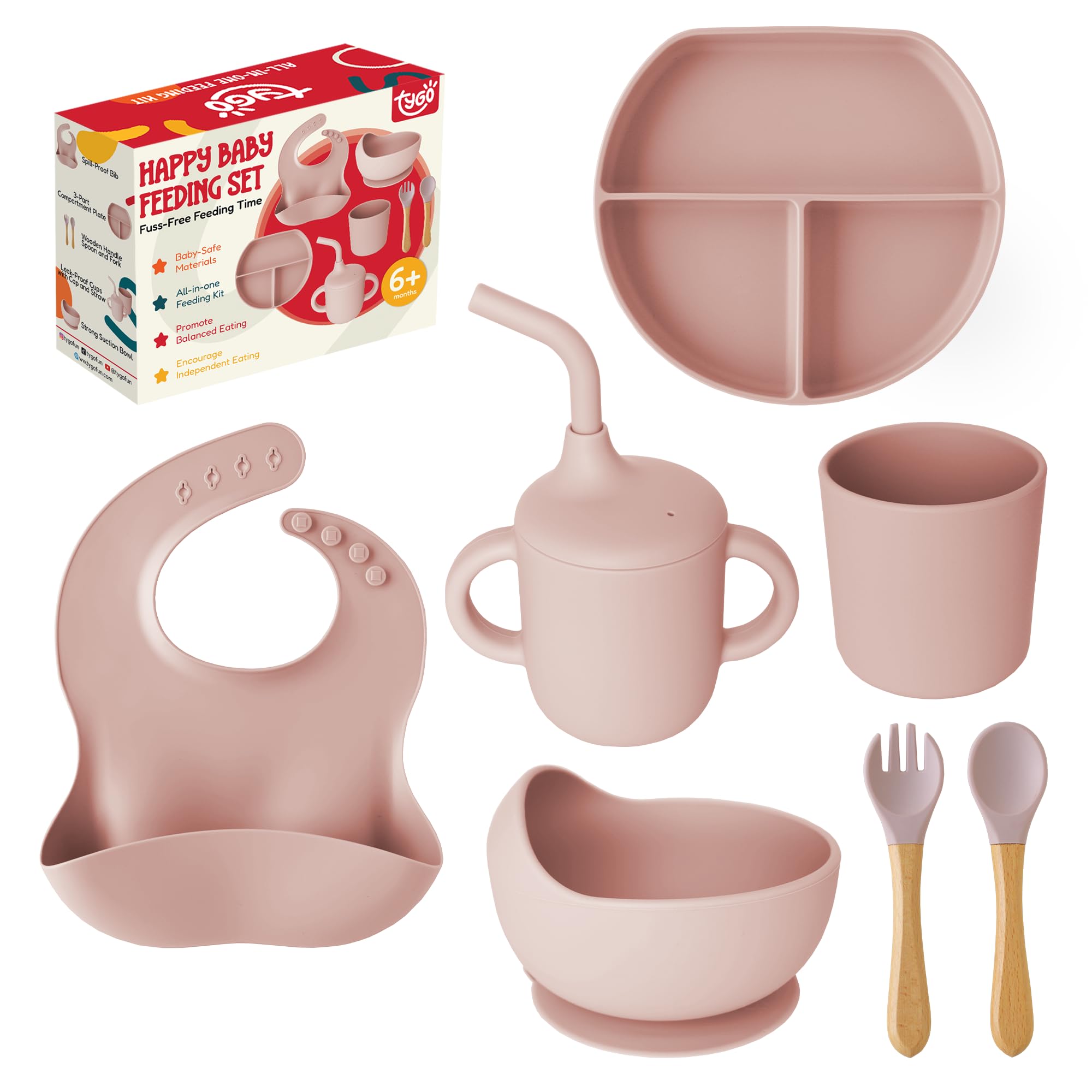 Tygo Silicone Baby Feeding Set – Complete Self-Feeding Set with Suction Plate, Spill-Proof Bib, Wooden Spoon & Fork, Leak-Proof Cups – Encourage Independence, Healthy Eating in Infants and Toddlers
