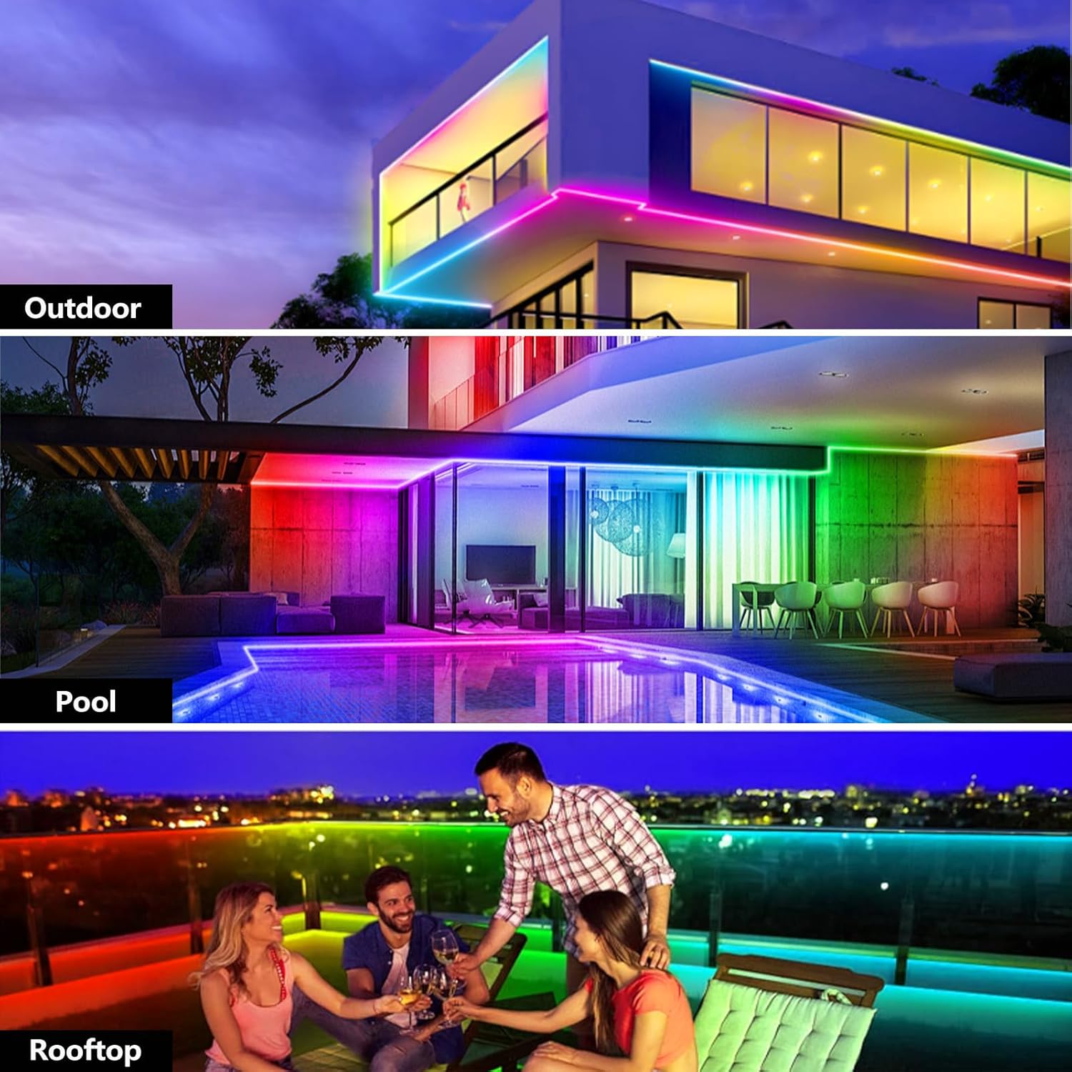 100FT Outdoor LED Strip Light IP68 Waterproof,Outside RGB Light Strip with App/Remote Control,Chase Mode,Music Sync Rope Light for Balcony,Deck,Rooftop,Garden,Pool