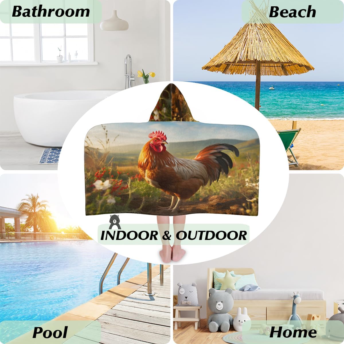 Pardick Kids Bath Towel Wild Rooster Beach Towel with Hood Pool Cover Up for Girls Boys Soft Absorbent Hooded Bath Towel Toddler Towels for Beach, Pool