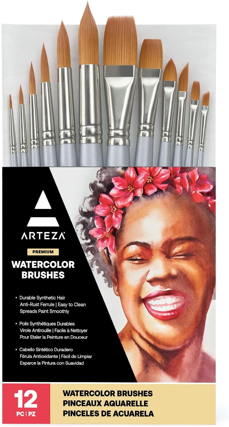 ARTEZA Watercolor Brush Set of 12, Synthetic Hair, Round & Flat Brushes for Watercolor, Acrylic, Gouache, Art Supplies for Adults, Beginners & Artists