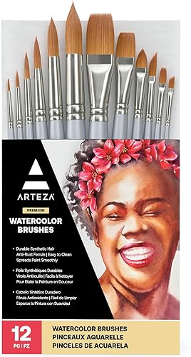 Arteza - Pinceles para acuarela, juego de 12, formas surtidas,cerdas suaves sintéticas, con virolas antioxidantes, suministros artísticos de pintura