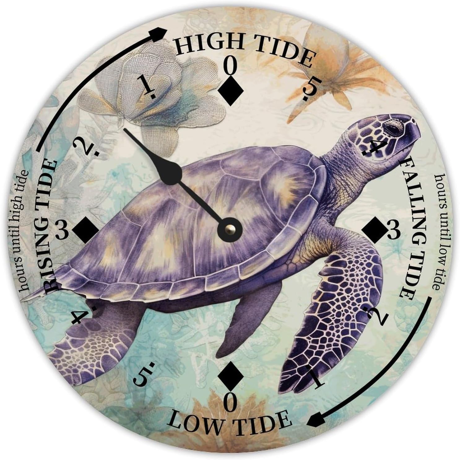 Vintage Beach Time Tide Clock - Sea Turtle Tidal Clock Moon Clock Silent Non-Ticking Battery Operated Wooden Wall Clock for Cottage Beach Boat Living Room Bedroom Home Decor 12x12 in