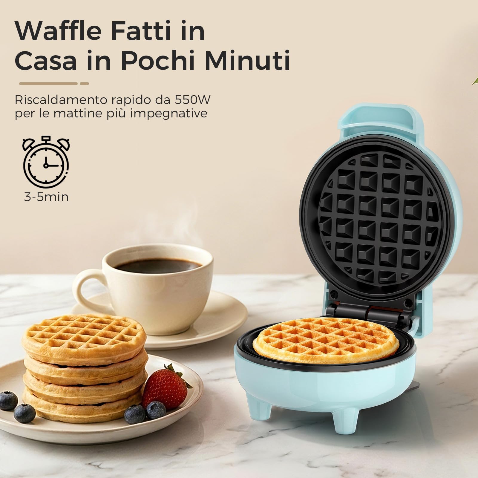 YASHE Mini piastra per waffle, 550 W, mini macchina per waffle con rivestimento antiaderente, spia di controllo, manico Cool Touch, piastra per waffle compatta per colazione, dessert e snack, blu