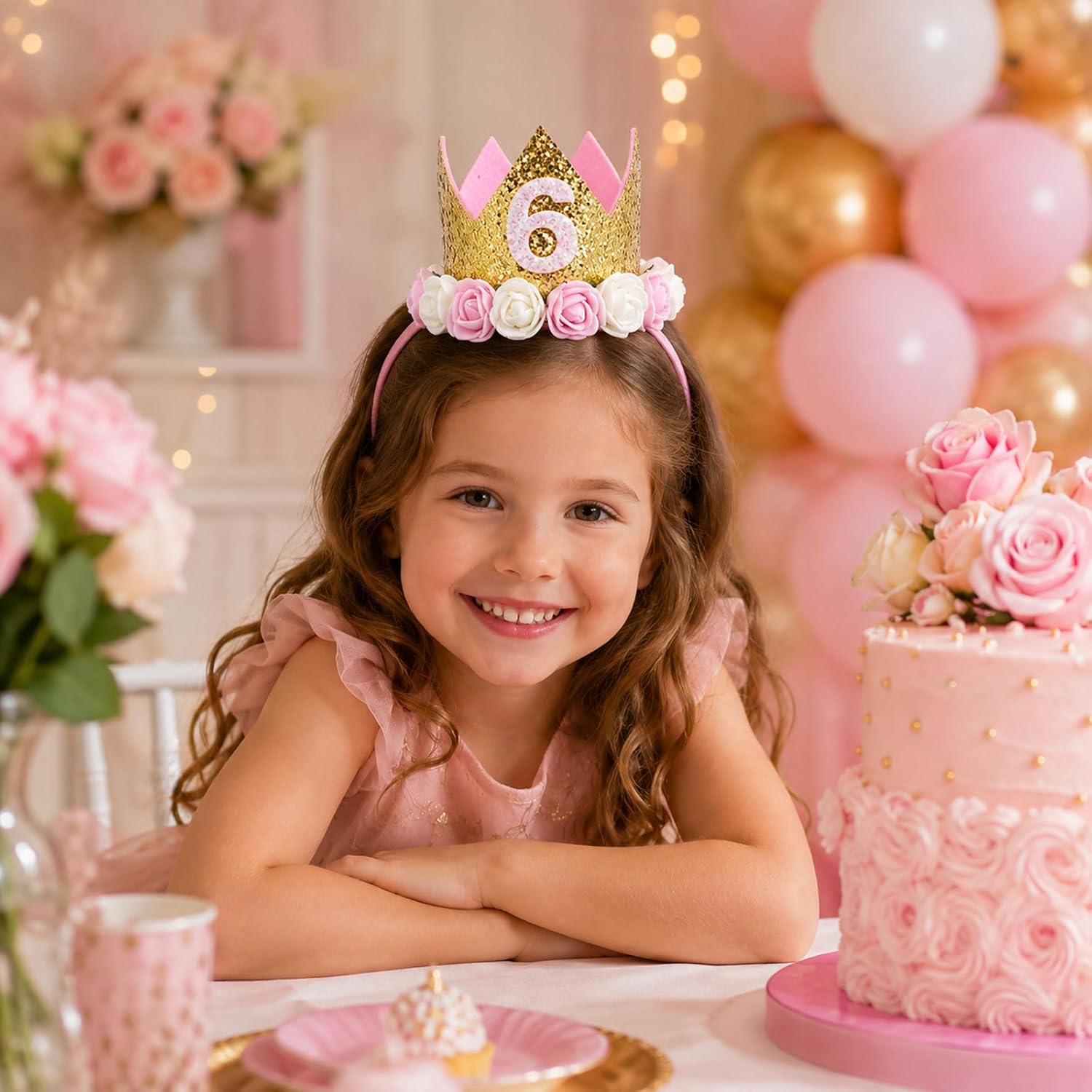 Girl First Birthday Crown Number 6 Headband Little Prince Princess Hat Sparkle Gold Style 6th Party Decorations Tiara Crown Cake Smash Photo Prop, Girl Pink image 5
