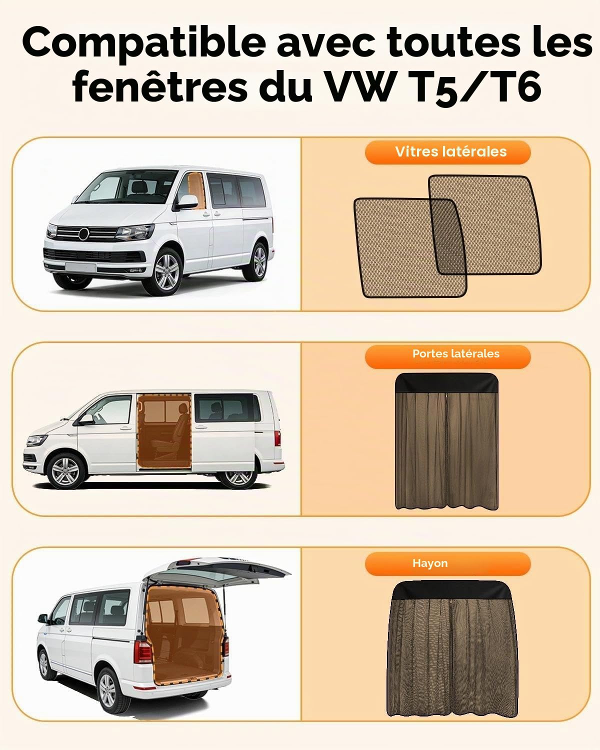Moustiquaire pour hayon VW T5 T6, 155 x 170 cm, avec fermeture éclair et aimants pour protection solaire et protection contre la poussière, idéale pour le camping, la nuit en voiture et la