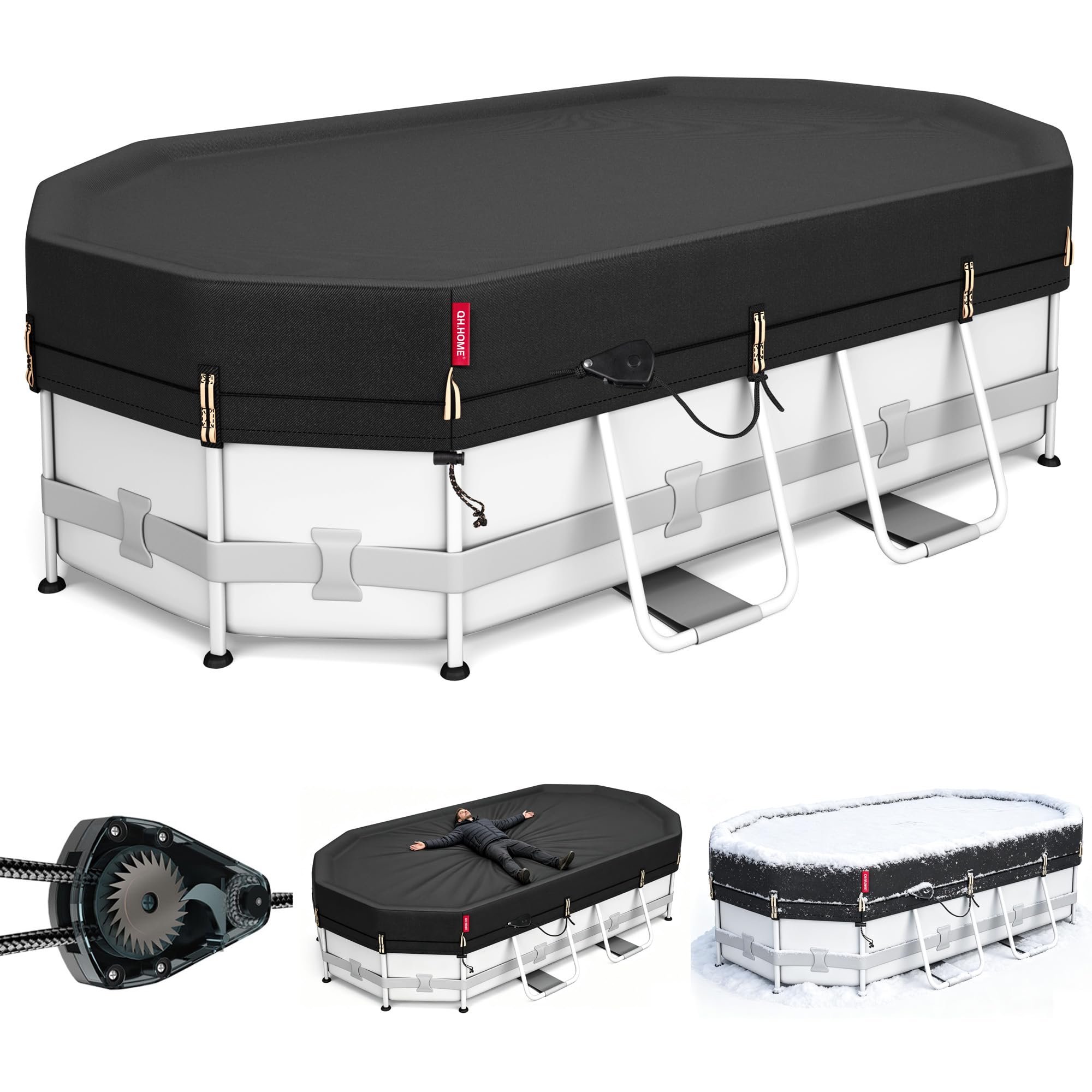 QH.HOME 8.2x14ft Winter Oval Pool Cover,Ratchet Windproof&amp;Heavy Duty Fabric