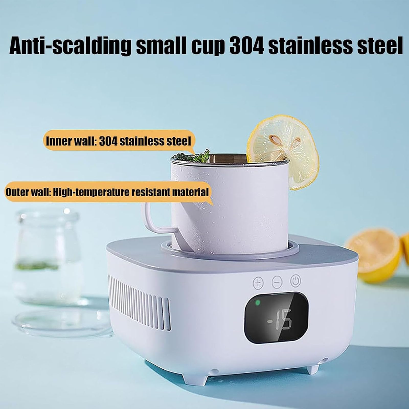 Tazza portatile riscaldante e rinfrescante da 50W,refrigeratore per bevande | Tazza Intelligente Refrigerata, Uso Doppio Caldo / Freddo, Temperatura -15°C - 80°C, Materiale Acciaio Inox 304
