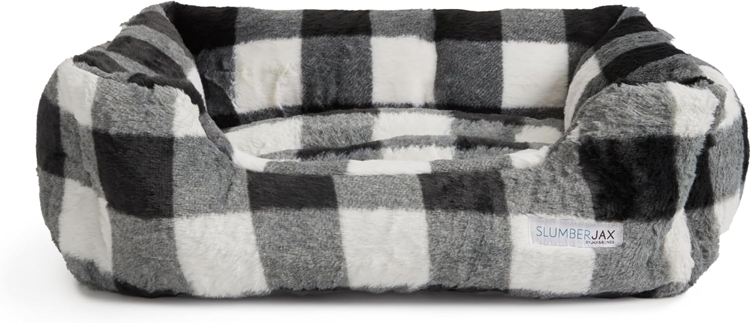 Jax & Bones Relaxer Plaid Dog Bed - Machine Washable Pet Bed for Large Size Dogs - Hides Shedding Hair, Easy to Clean, Sleep Enhancing