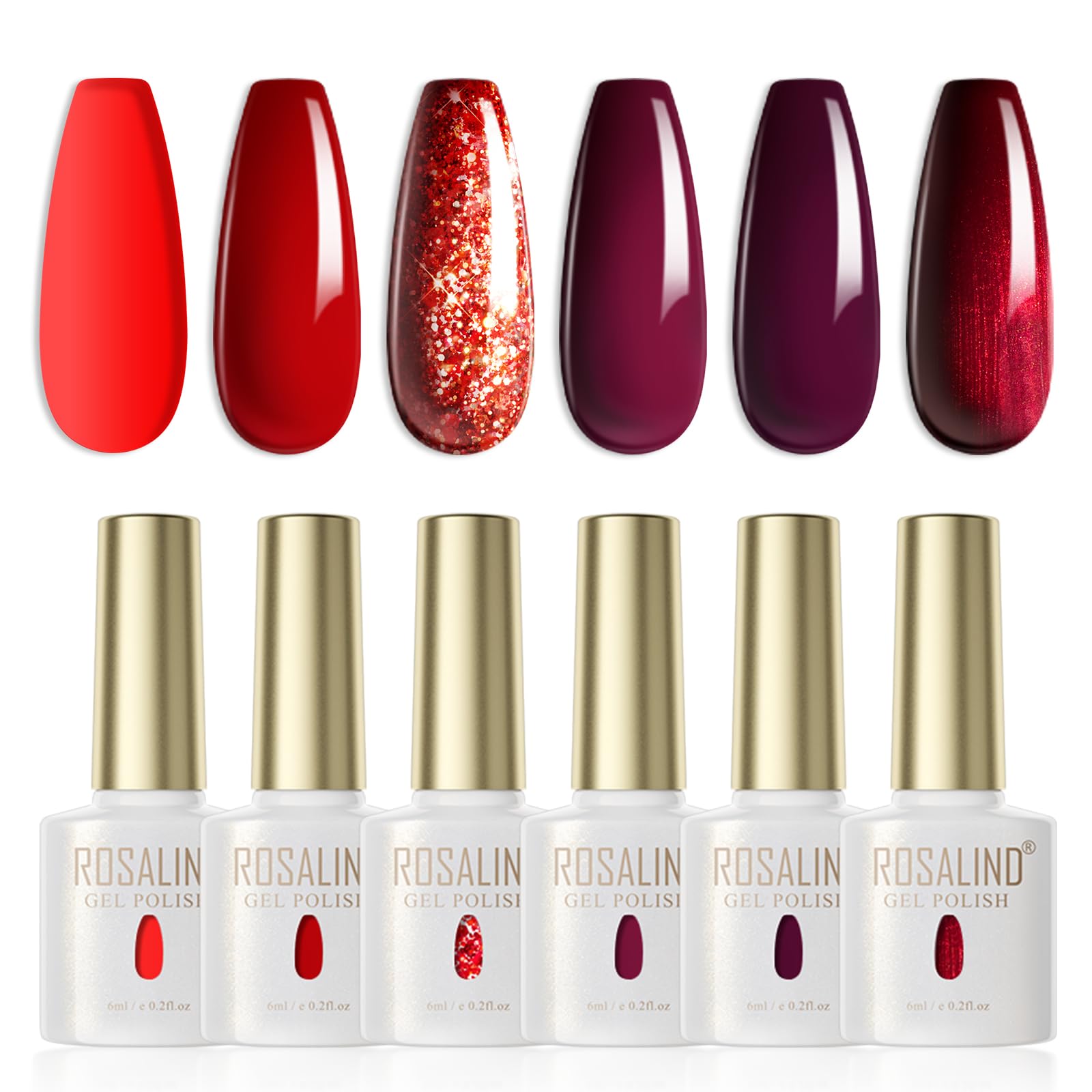 ROSALIND Esmaltes Semipermanentes Para Uñas Rojo,6 Colores Rojo Burdeos Rojo Oscuro Rojo Glitter,Pintauñas Semipermanentes Soak Off UV/LED Gel Uñas Diy Manicura Nail Art Set