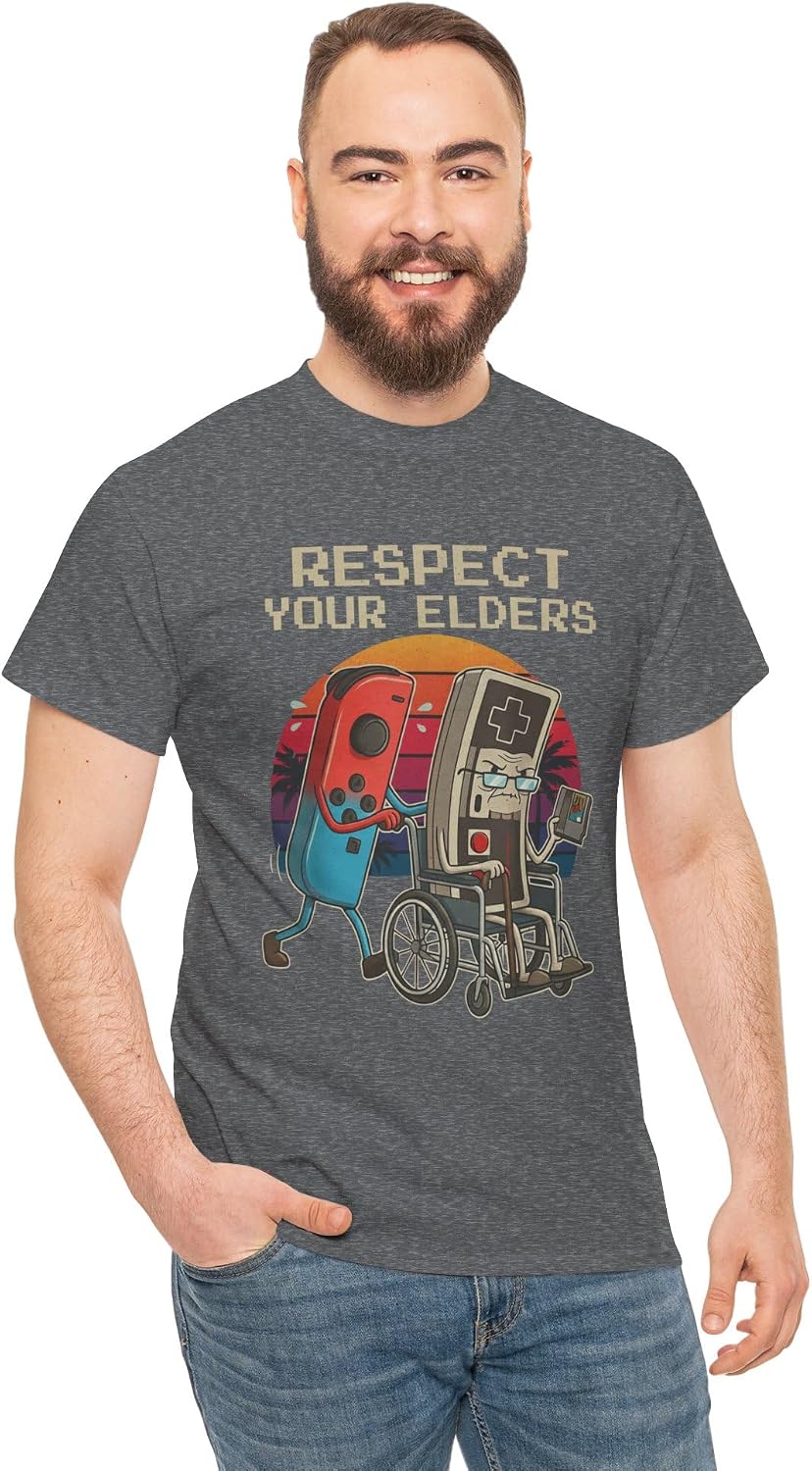 Respect Your Elders Funny Retro Gaming Controller Graphic 8-Bit Pixel Art Humor Graphite Heather