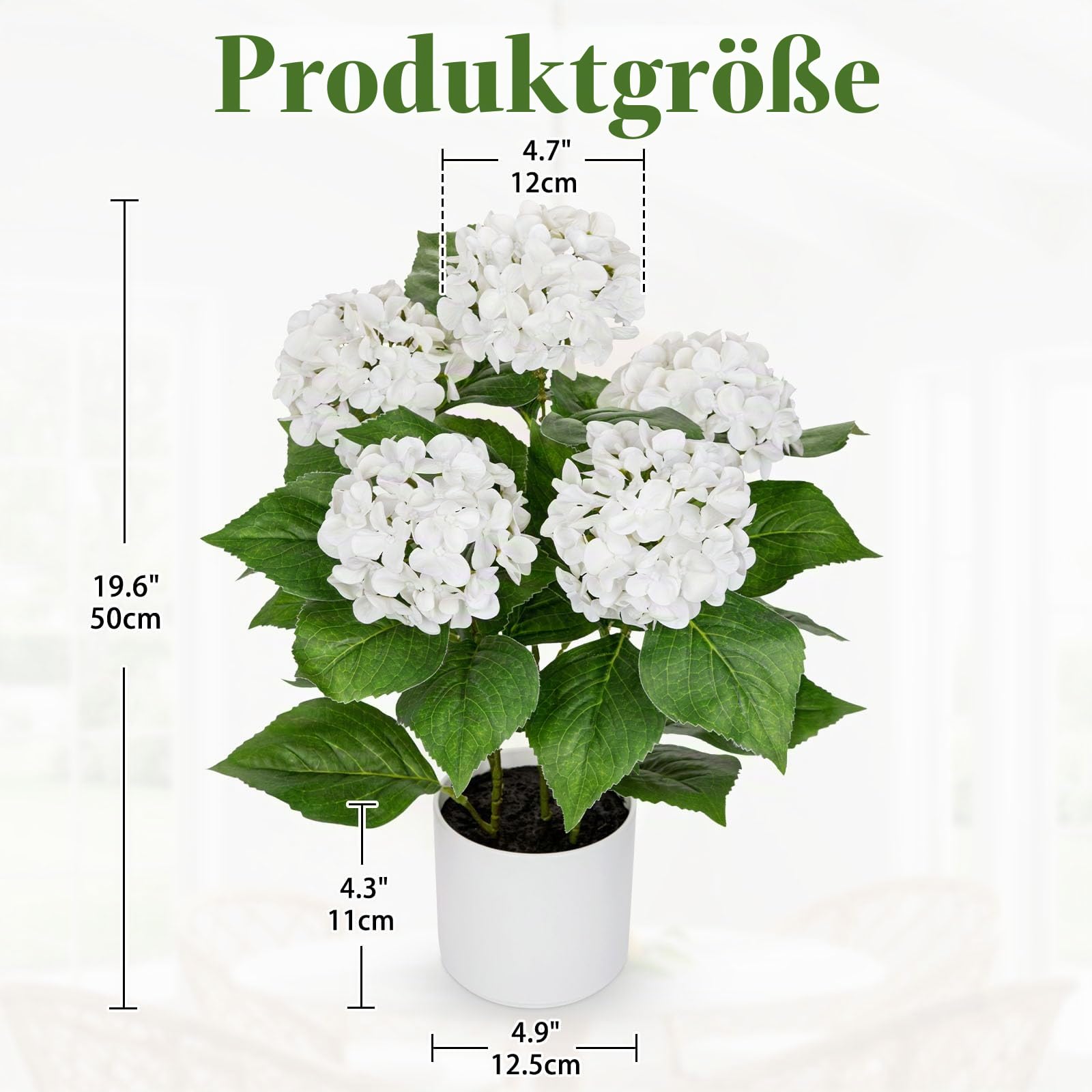 Briful Künstliche Hortensie Real Touch im Topf – 50 cm Kunstpflanze mit 5 Blütenköpfen – Dekorative Hortensienpflanze für Wohnzimmer, Tisch & Büro, Kunsthortensien Weiß