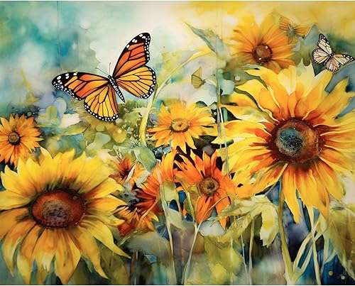 Miniatura 2 de Tucocoo Kits de pintura de paisaje de girasoles por números con pinceles y pigmento acrílico sobre lienzo para adultos, patrón de mariposas y flores