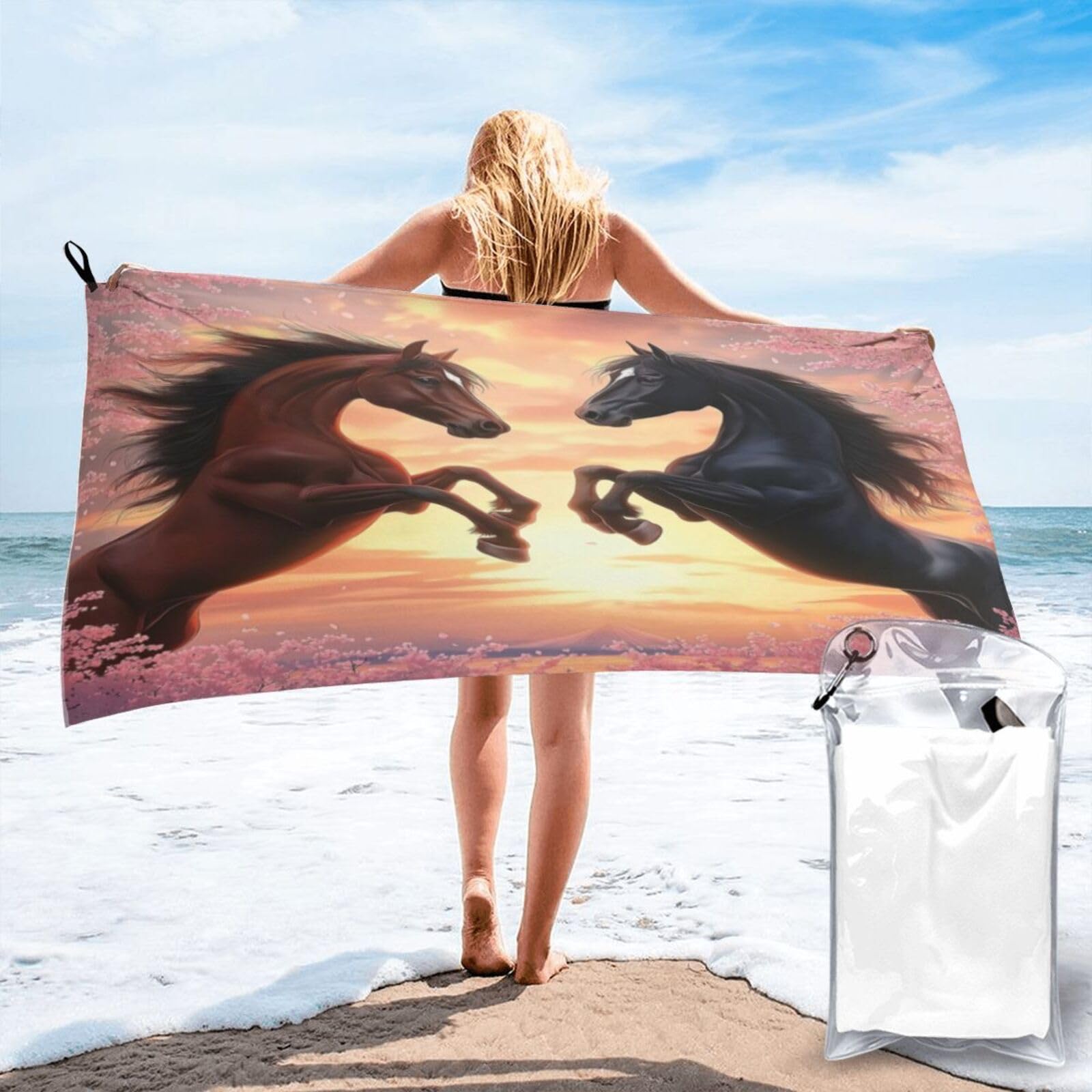 Anceky Dramatic Sunset, Two Reared Horses Quick Dry Microfiber Travel Towel with Carry Case and Carabiner 31.5"X63"
