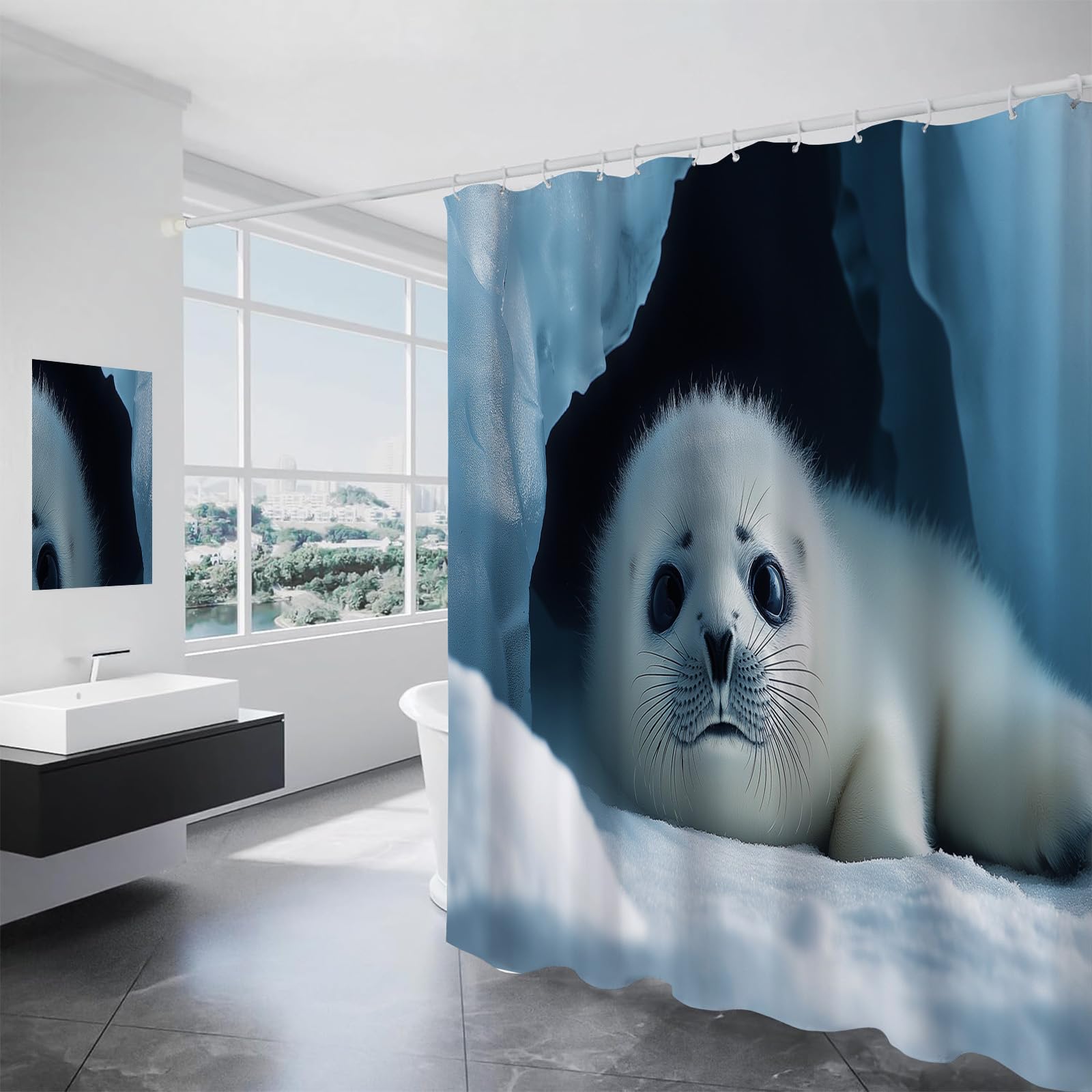 Eishöhlenlandschaft Duschvorhänge mit Haken,H200 x B180 cm (1er Pack) Wasserdicht Duschvorhang für Badezimmer,süße kleine Robbe Badewannen Hotelvorhang,Maschinenwaschbar