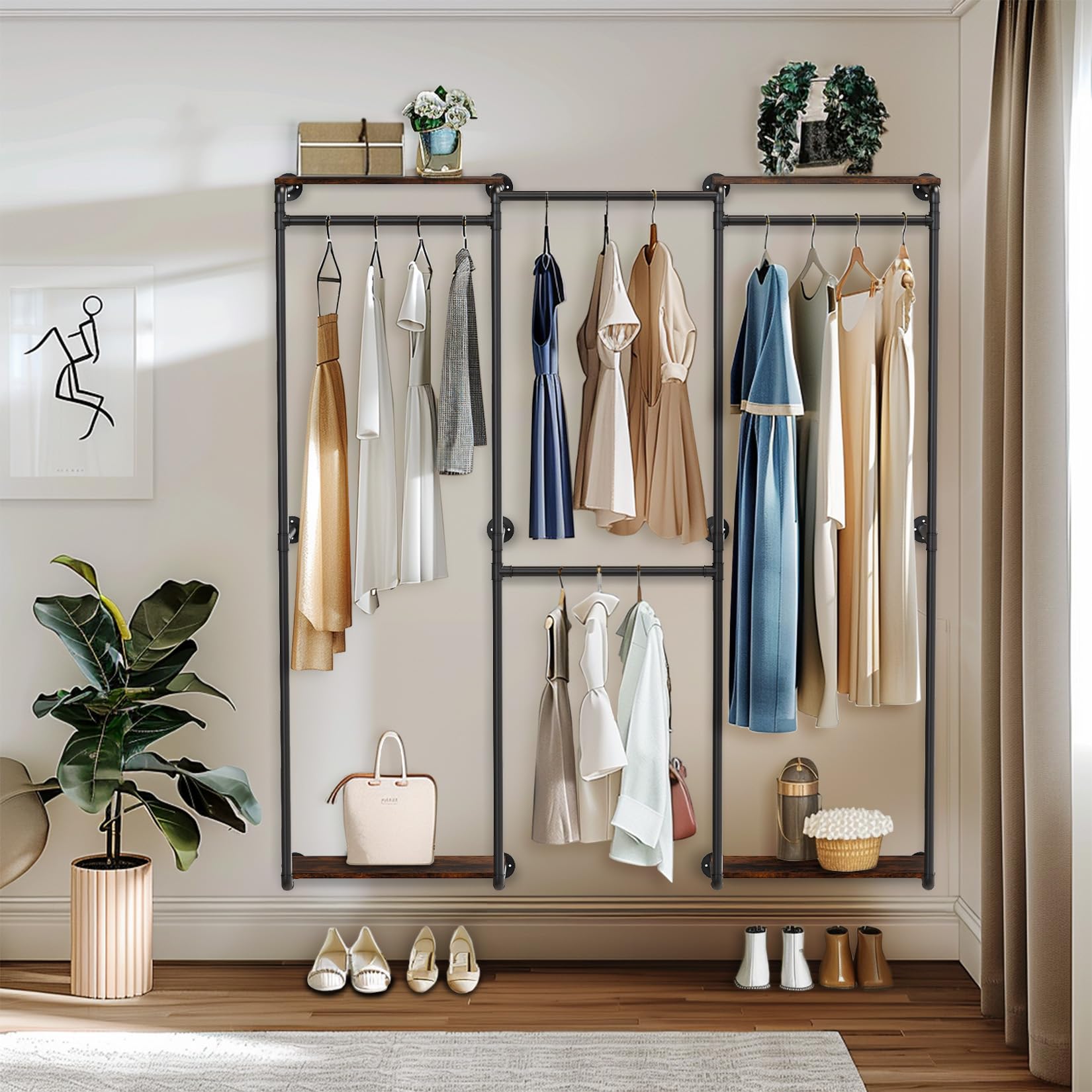 Heavy-Duty Industrial Pipe Clothes Rack, Wall-Mounted Garment Organizer with Shelves, L-Shaped or Straight, Metal Closet Storage for Bedroom, Entryway, Laundry Room – Black Black L*H: 185*30 200cm