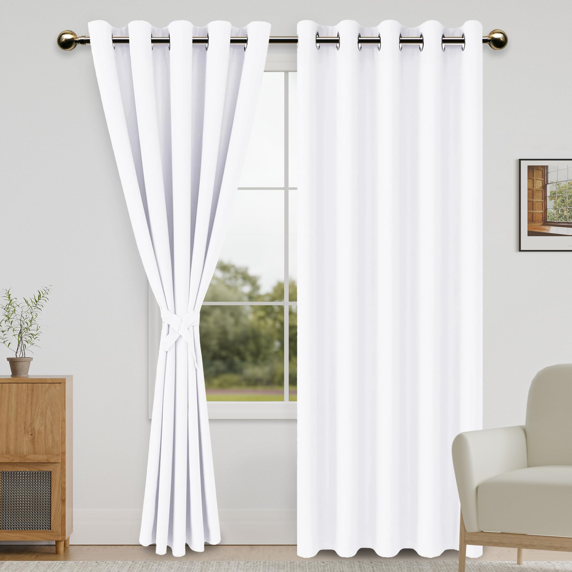 DWCN Blackout Curtains for Bedroom with Tiebacks - Room Darkening Privacy Grommet Top Window Curtains for Living Room, 60 x 84 inch Length,Pure White,Set of 2 Panels