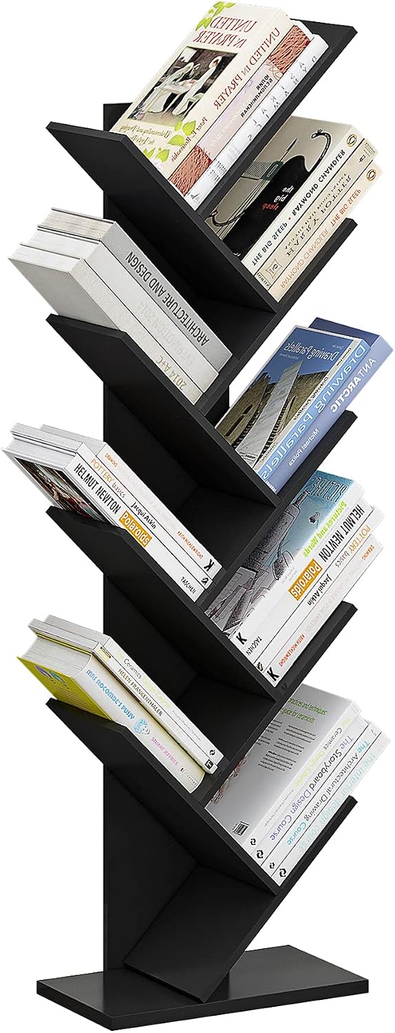 Function Home Tree Bookshelf, 9 Shelf Small Geometric Bookcase, Free Standing Book Shelves, Unique Wood Storage Rack for CDs/Books Utility Organizer Shelves for Living Room, Bedroom, Home Office,Black