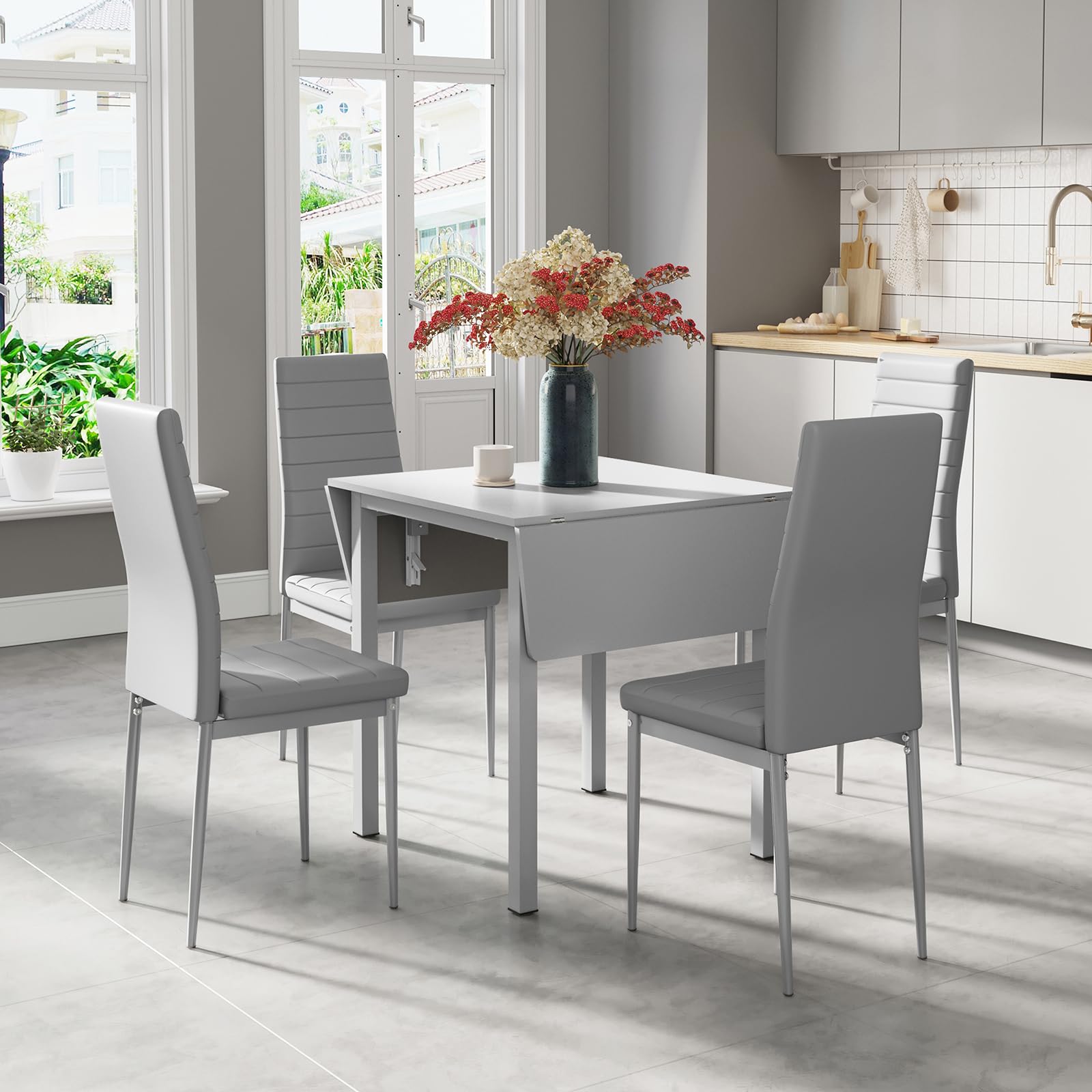 JEFFORDOUTLET Dining Table and Chairs Set of 4, Drop Leaf Folding Grey Kitchen Table With Grey PU Leather High Back Chair for Dining Room, Kitchen