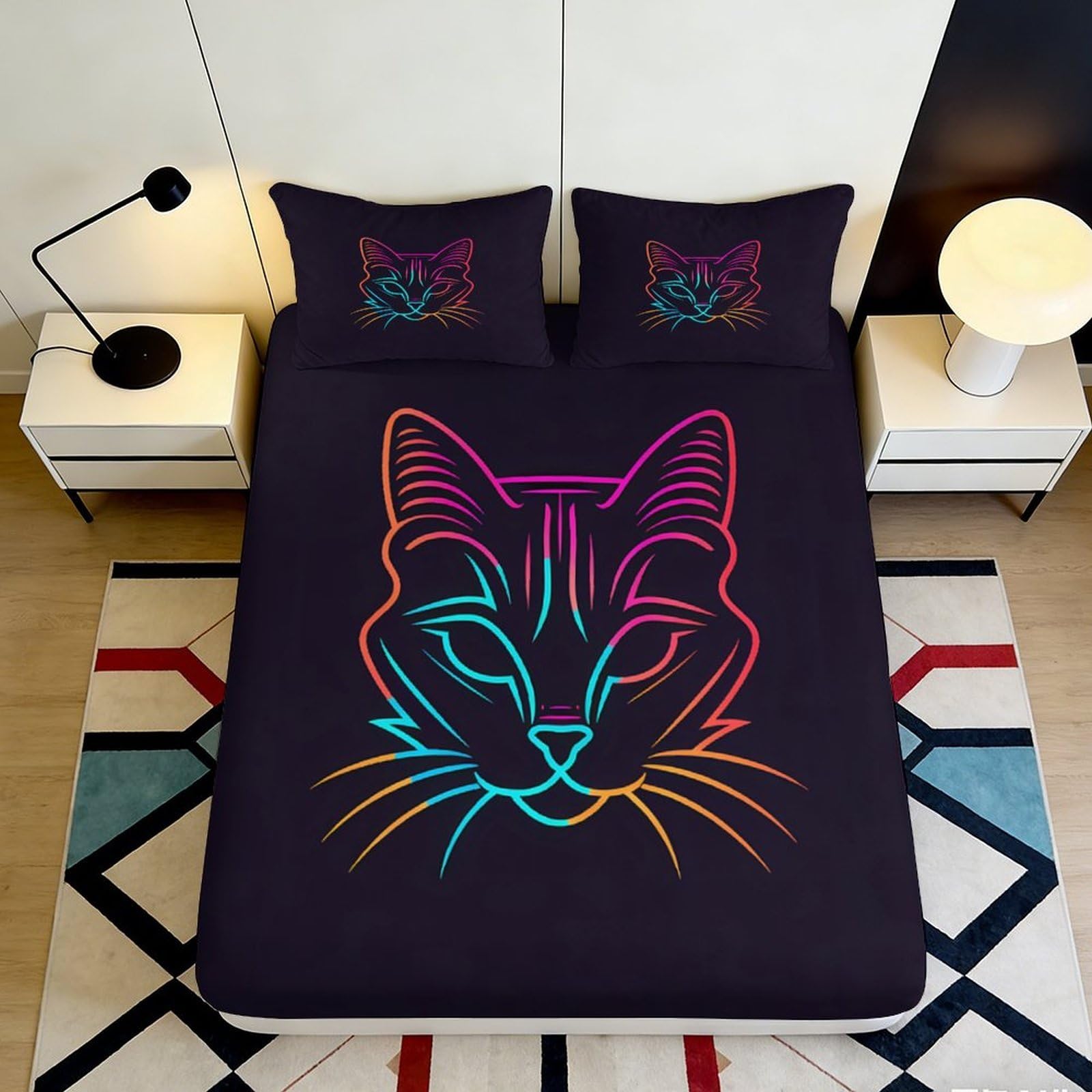 3D Printed Neon Cat Fitted Sheet Microfiber Deep Pocket Non-Slip Bedding Set Neon Cat Mattress Fitted Cover Washable Bedroom 200x200x25cm 90x200x25cm