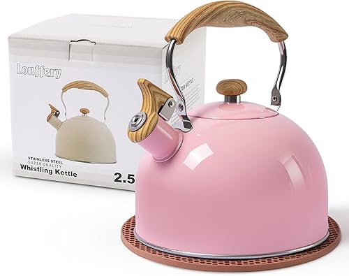 LONFFERY Tea Kettle, 2.5 Quart Whistling Tea Kettle, Tea Pots for Stove Top Food Grade Stainless Steel with Wood Pattern Folding Handle - Pink