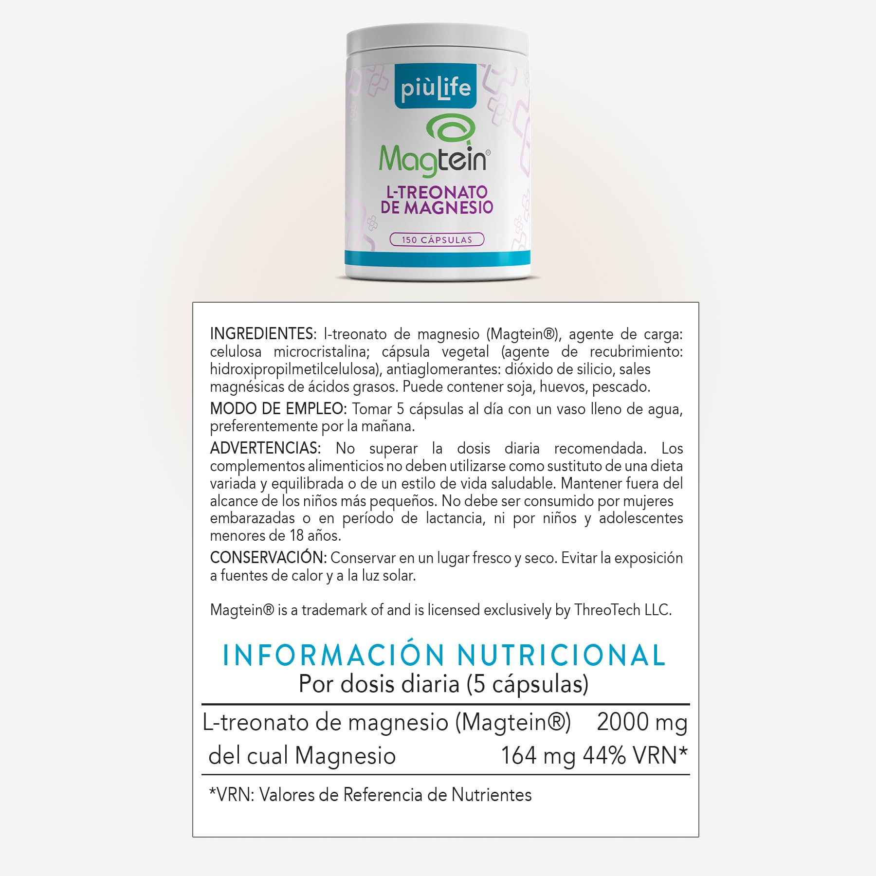 L-Treonato de Magnesio Magtein 2000 mg por Dosis PiùLife, 150 Cápsulas